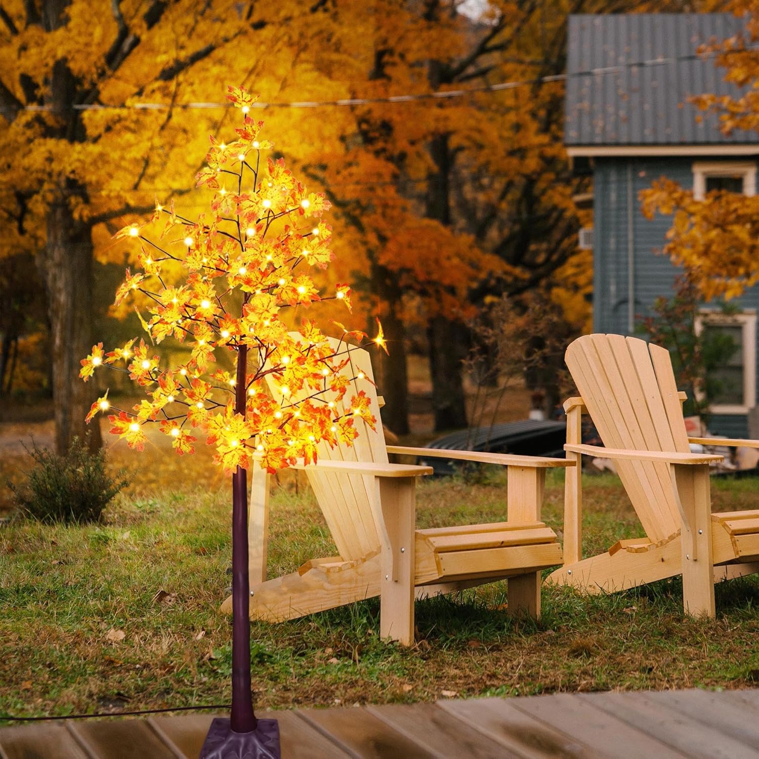 Árbol de arce artificial solar de 6 pies con 120 luces LED blancas cálidas preiluminadas, decoración de árbol de otoño con modos de iluminación