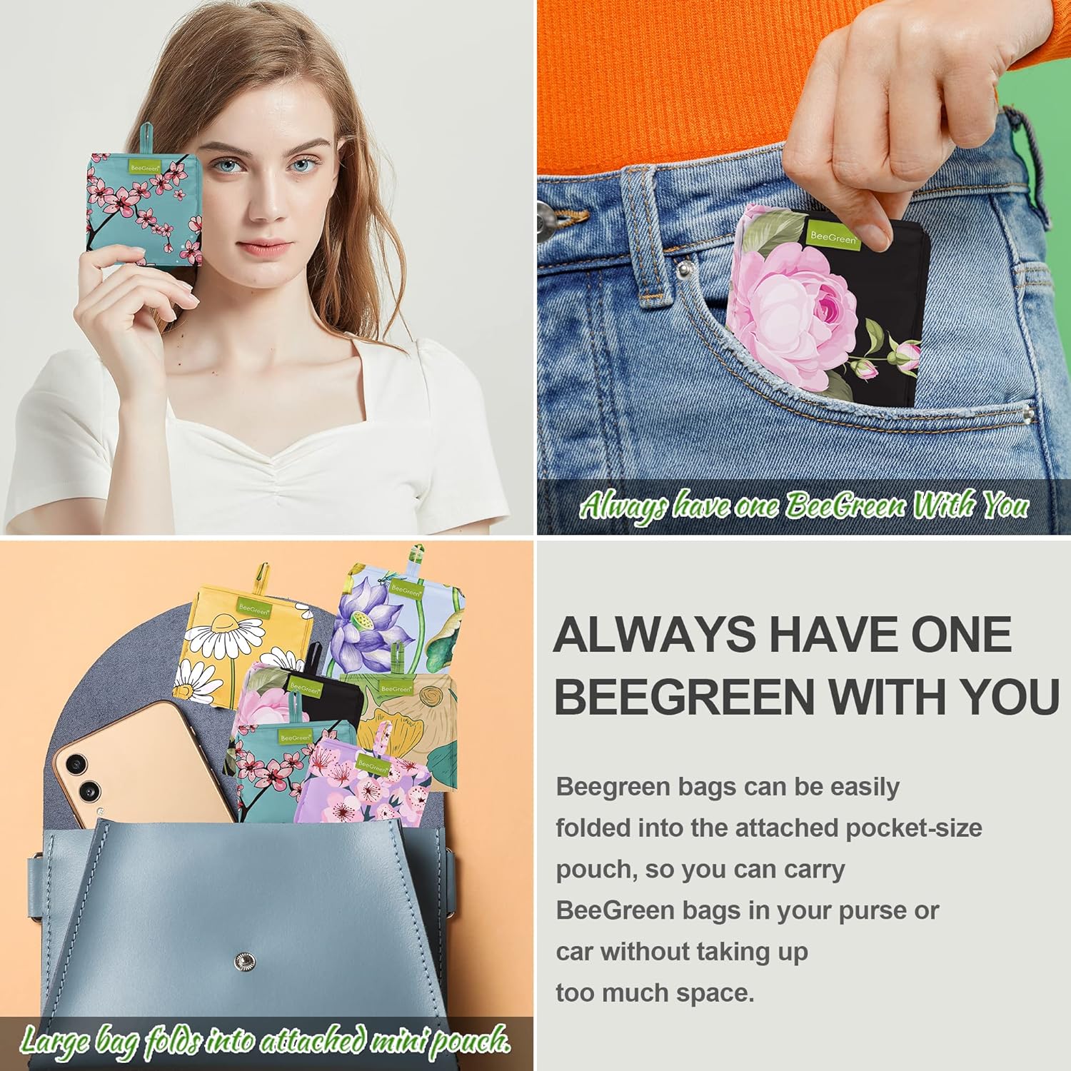 BeeGreen Bolsas de mano florales plegables reutilizables con flores, bolsas grandes para compras de comestibles, bonitas bolsas de vacaciones con