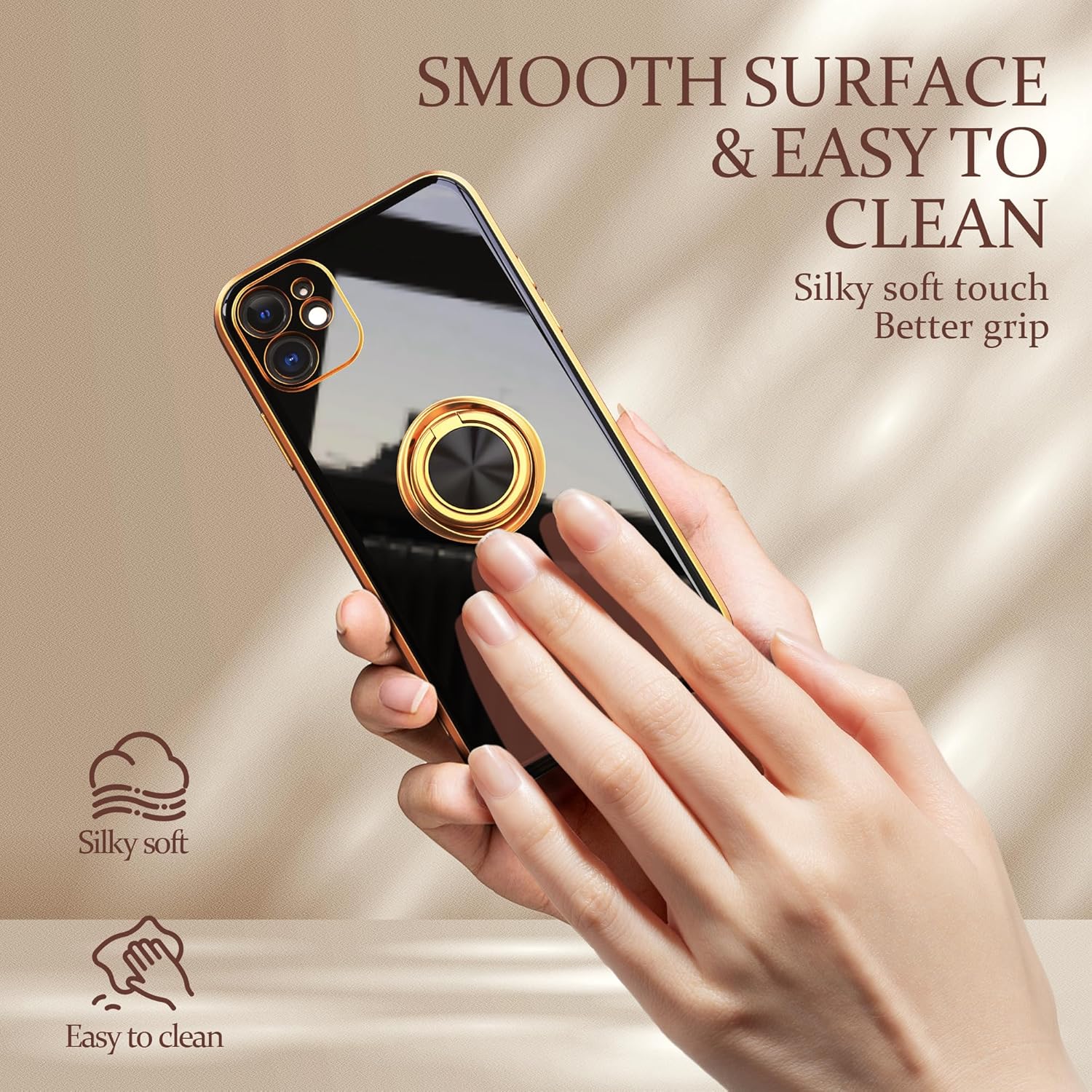 IDweel Funda para iPhone 11 con soporte de anillo de 360 con soporte magnético, ligera, delgada, borde de oro rosa, TPU suave, protección de cámara,