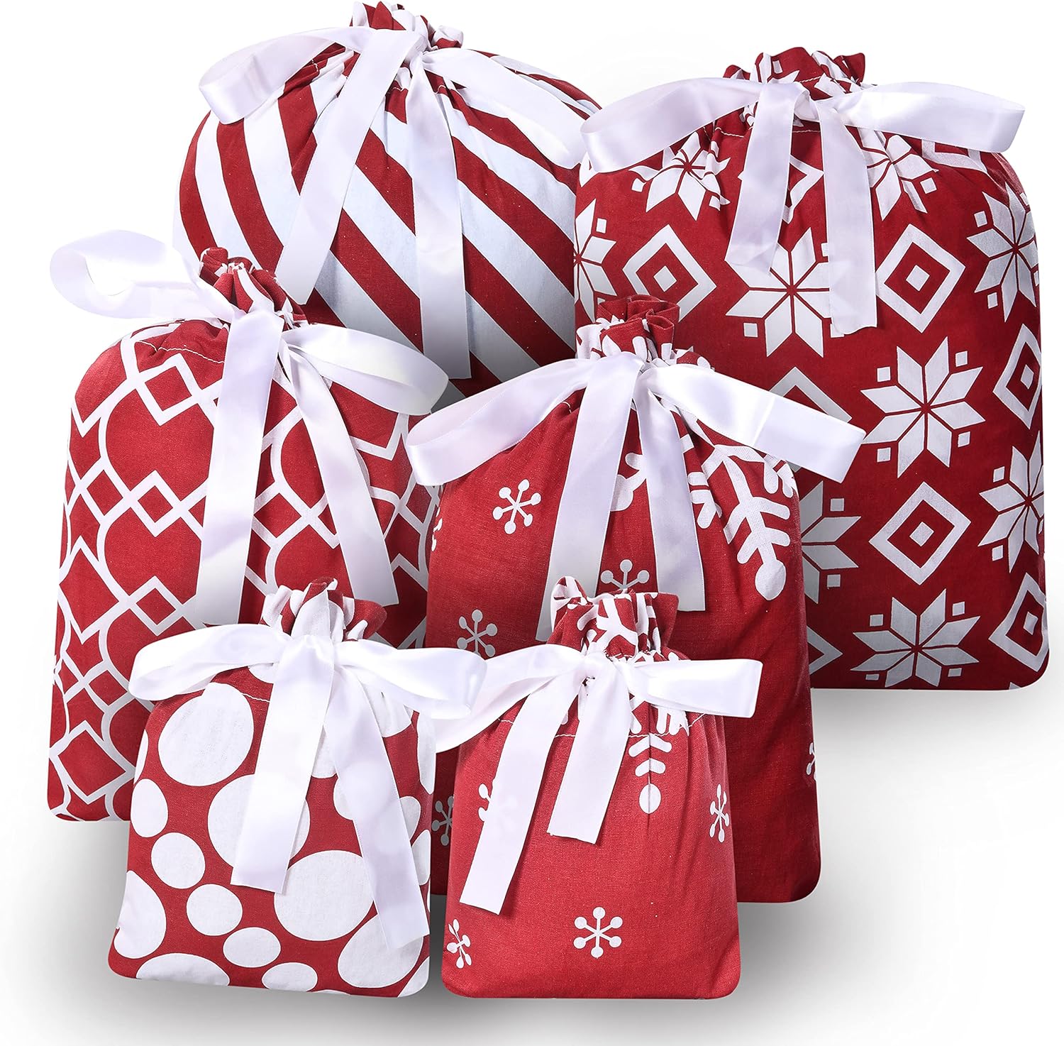 JOYIN 6 bolsas de regalo de tela roja de Navidad con 5 diseños de bolsas de tela de algodón de Navidad con cordón para decoración de Navidad, bolsas