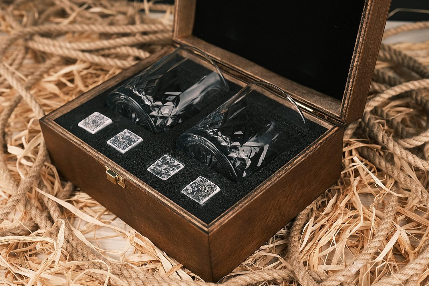 Premium Whiskey Glasses Set with Box – Elegant Glassware for Bourbon, Scotch, and Cocktails (Walnut Box)