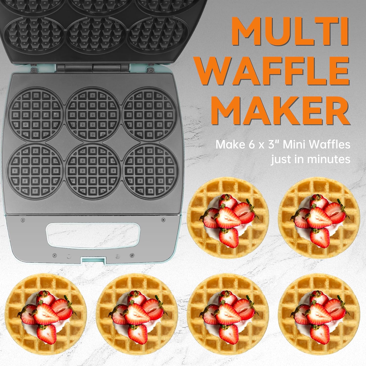 Baker’s Friend Mini máquina para hacer gofres múltiples, hornea gofres pequeños de 6 x 3 pulgadas, perfecta para uso familiar e individual,