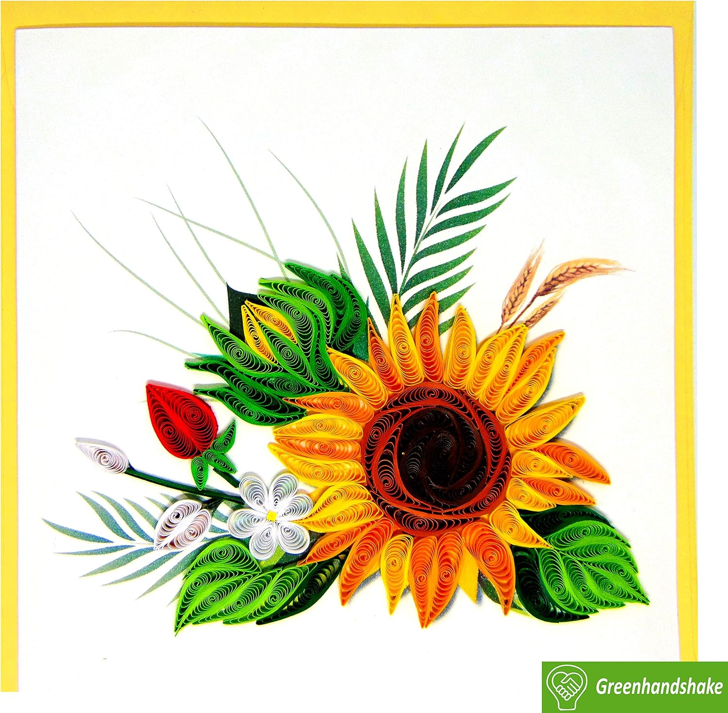 Greenhandshake Tarjeta Quilling de girasol, 6 x 6 pulgadas, patrón floral, color amarillo, para todas las ocasiones, incluye sobre