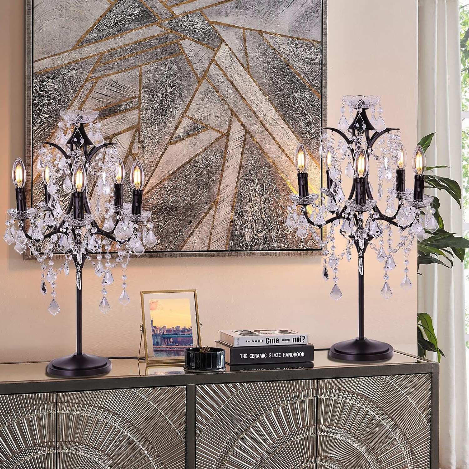 TOCHIC Lámpara de mesa de cristal tradicional de 5 luces, candelabro negro para manualidades, 30 pulgadas de alto para sala de estar, sala de