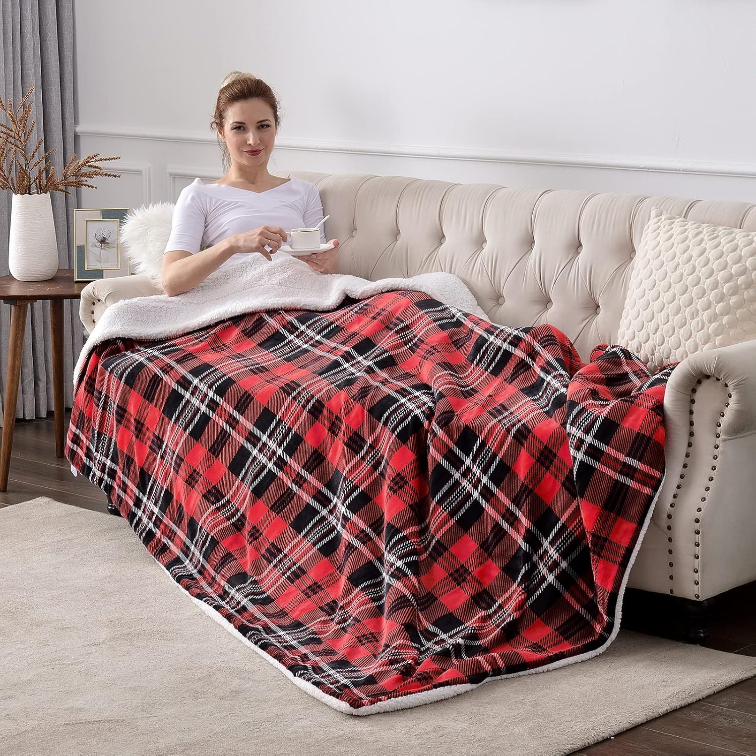 SOCHOW Manta de forro polar Sherpa a cuadros de doble cara, súper suave y lujosa manta de cama de 50 x 60 pulgadas, rojogris