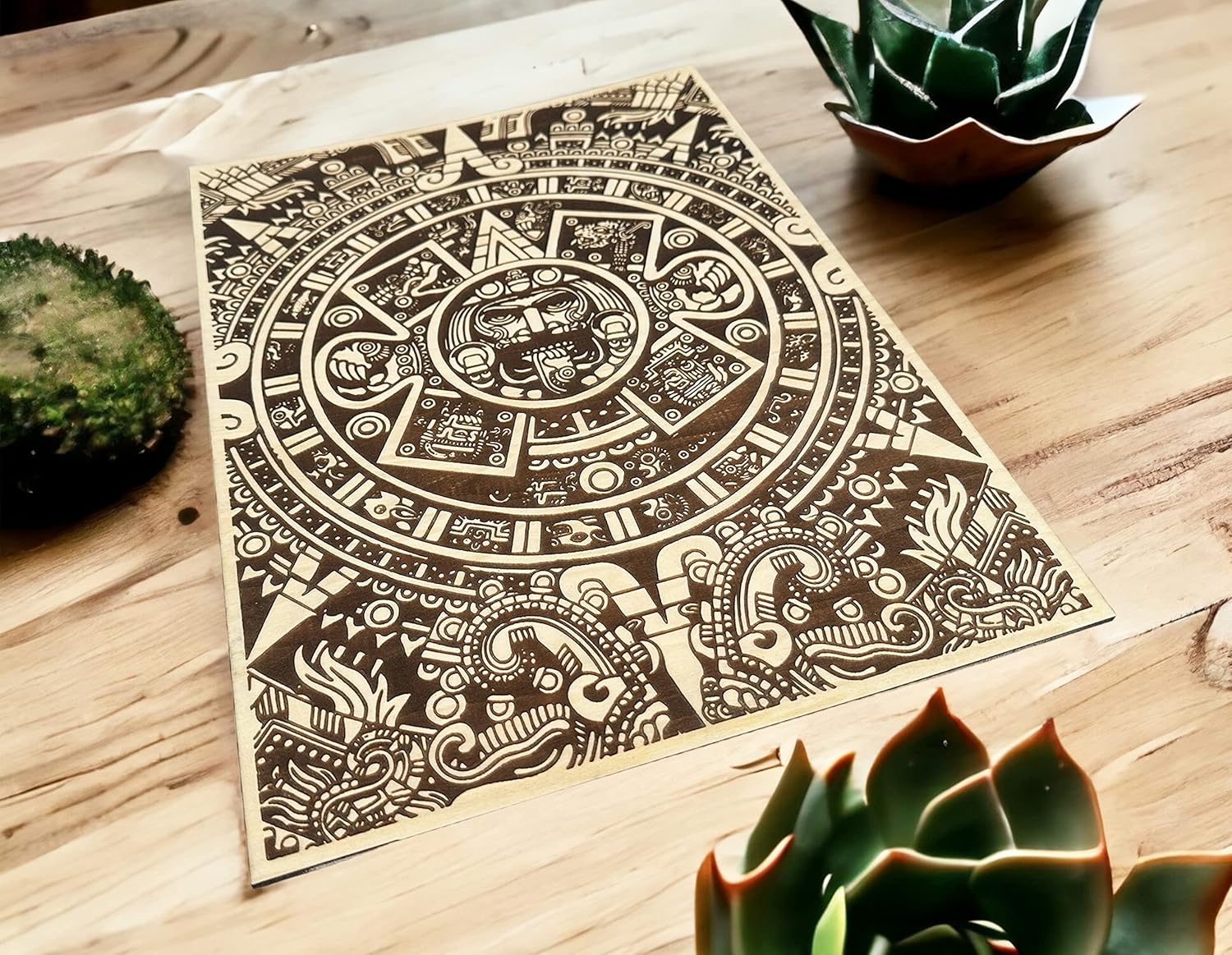 Urbalabs – Calendario azteca de madera para decoración de pared, 16 pulgadas, con zoom para colgar en la pared, calendario azteca mexicano,