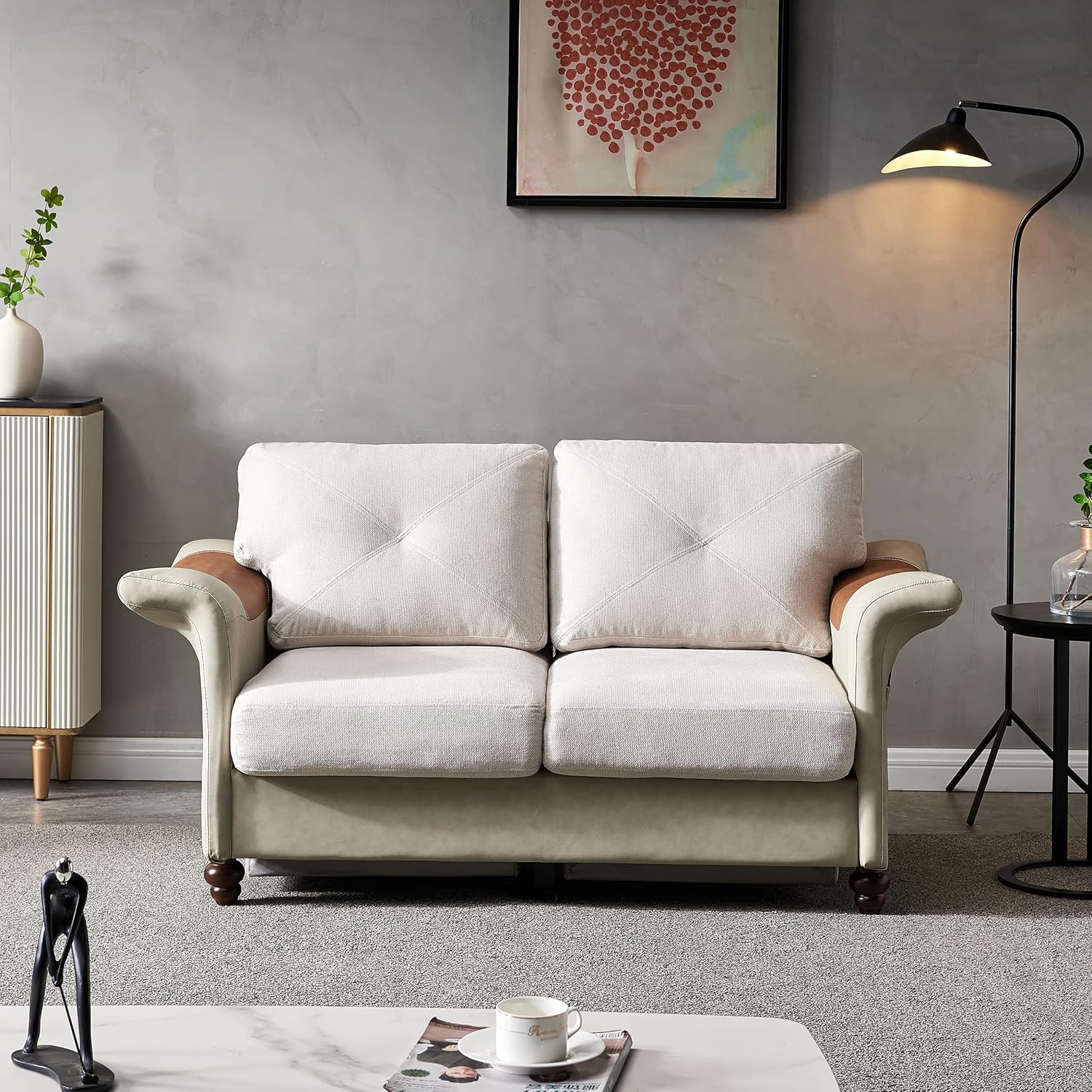 Harper & Bright Designs Sofá de 2 plazas con tela de lino, piel sintética, patas de madera maciza, sofá tapizado para 2 personas para sala de estar,