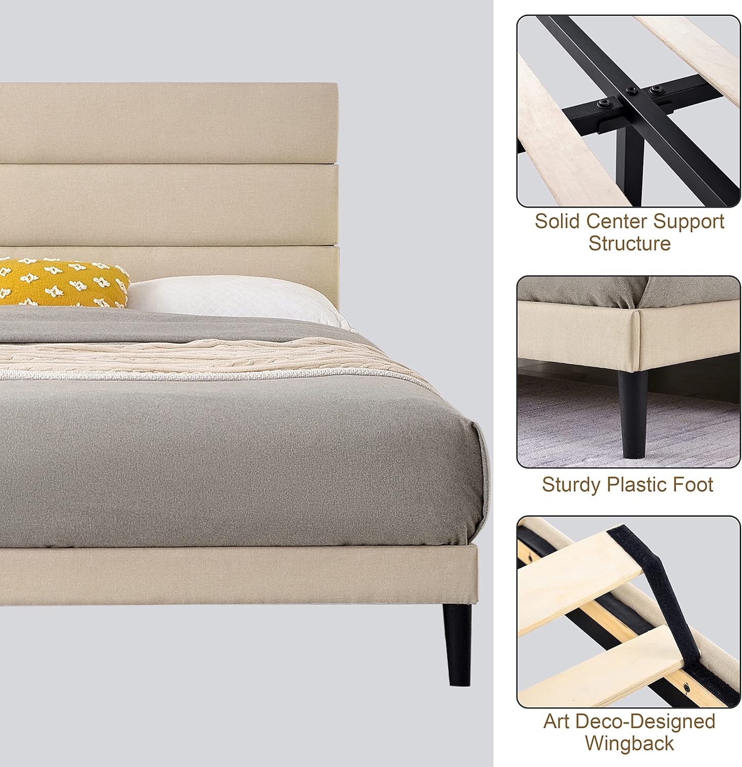 Base de cama tapizada de metal de tamaño matrimonial con cabecero y listones de madera fuertes, antideslizante y sin ruido, no necesita somier, base
