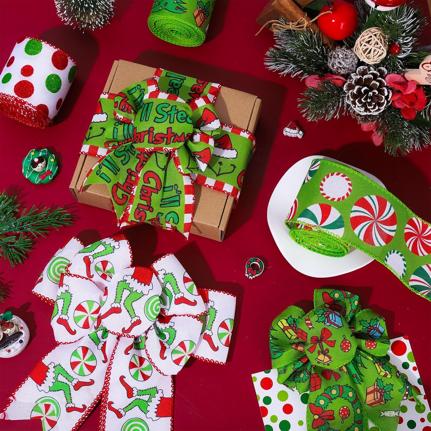 AnyDesign – 5 rollos de cinta de Navidad con borde con alambre de Navidad, divertido personaje de dibujos animados, cinta roja y verde con
