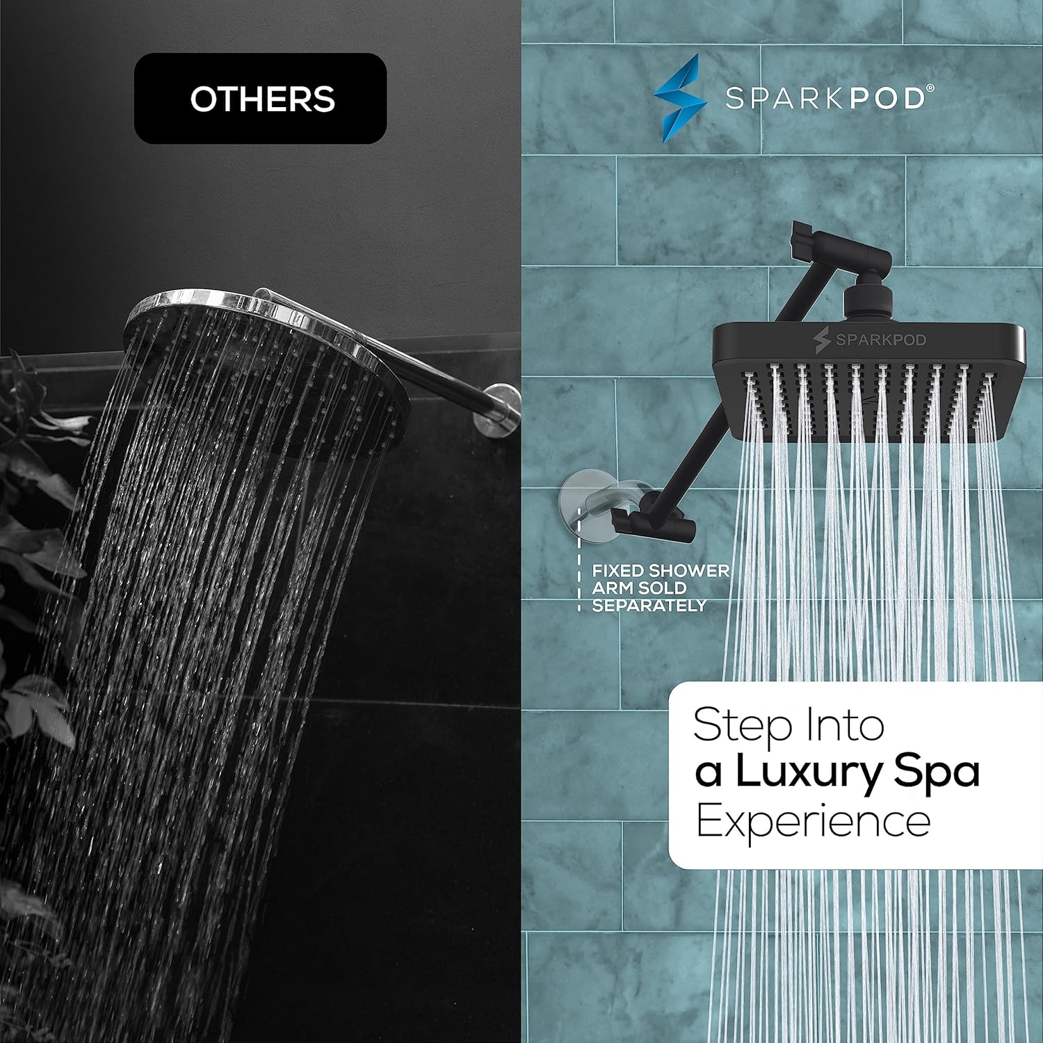 SparkPod Cabezal de ducha de lluvia cuadrado con brazo de extensión de cabezal de ducha, lluvia de alta presión, aspecto moderno de lujo,