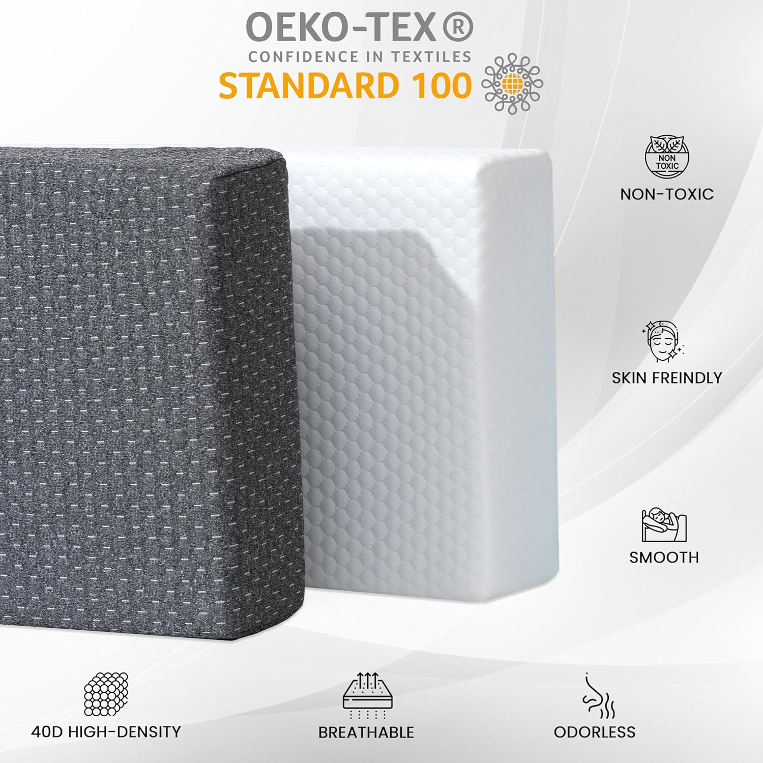 Almohada cúbica de espuma viscoelástica para personas que duermen de lado, color gris con funda extra blanca, 24 x 12 x 5 pulgadas, almohada firme