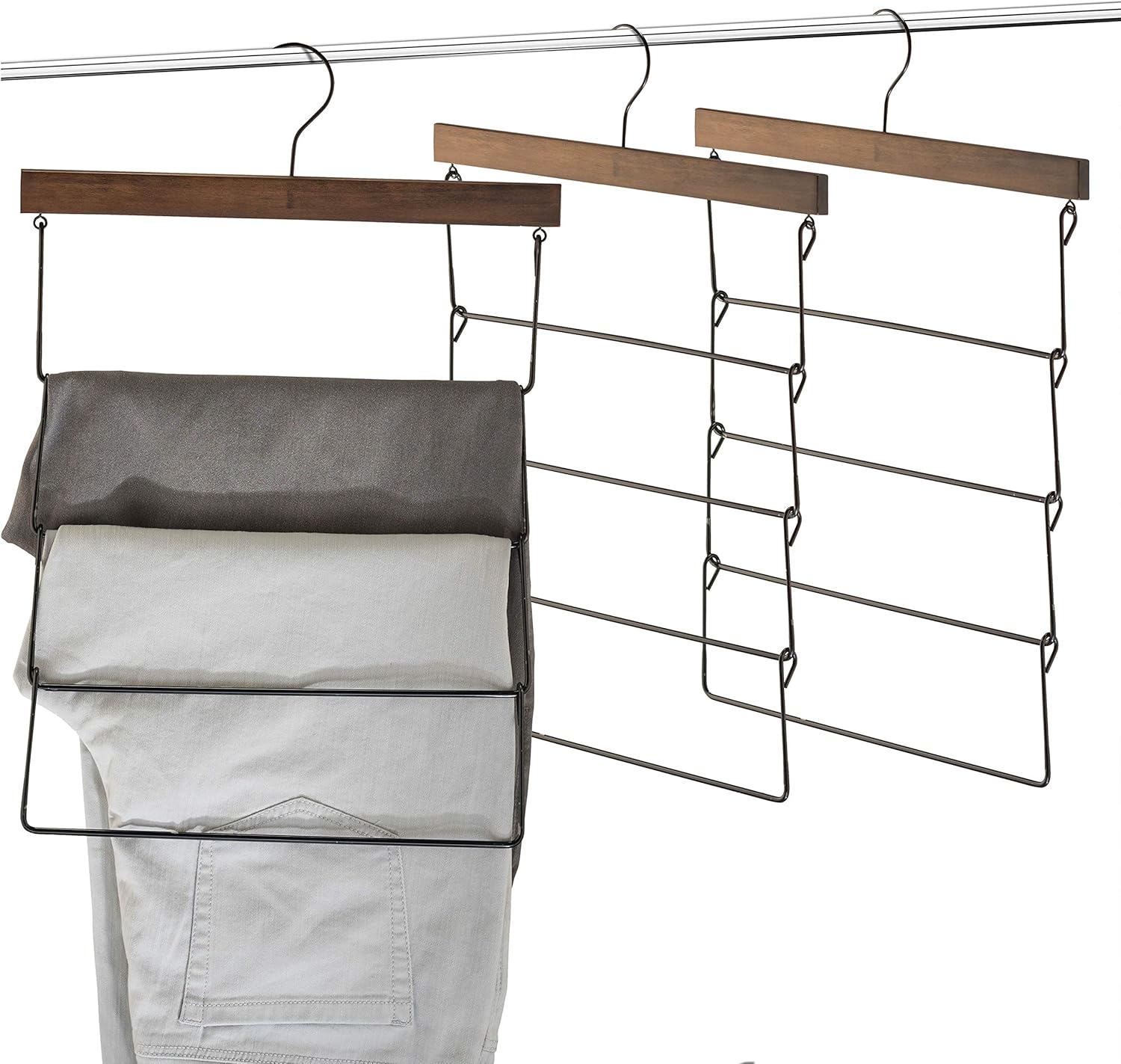 Perchas de madera de alta calidad de 4 niveles para pantalones con revestimiento de goma antideslizante (paquete de 3) Percha de múltiples capas
