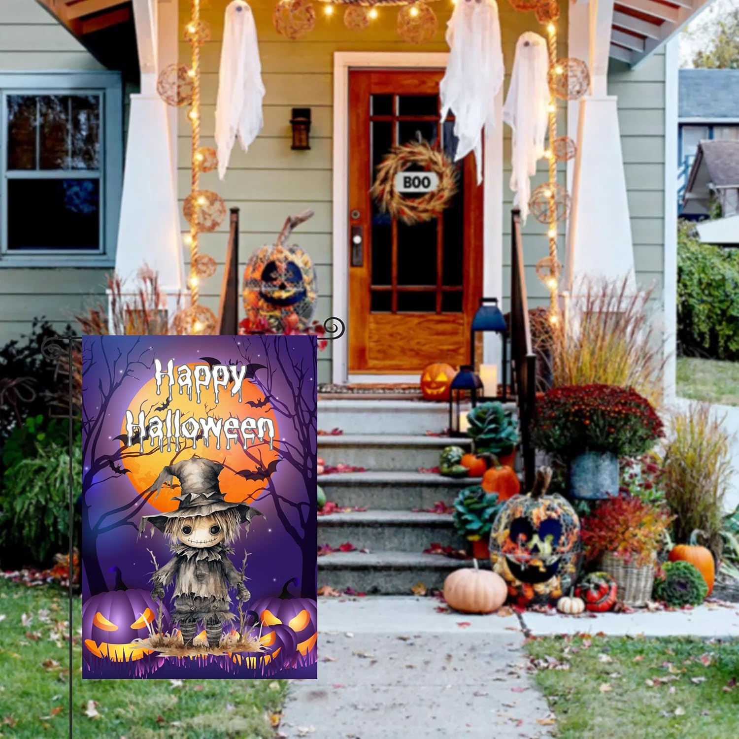 Homiguar Bandera de jardín de gato negro con calabaza de Halloween, doble cara, para decoración de patio de fiesta, 12 x 18 pulgadas (estilo feliz