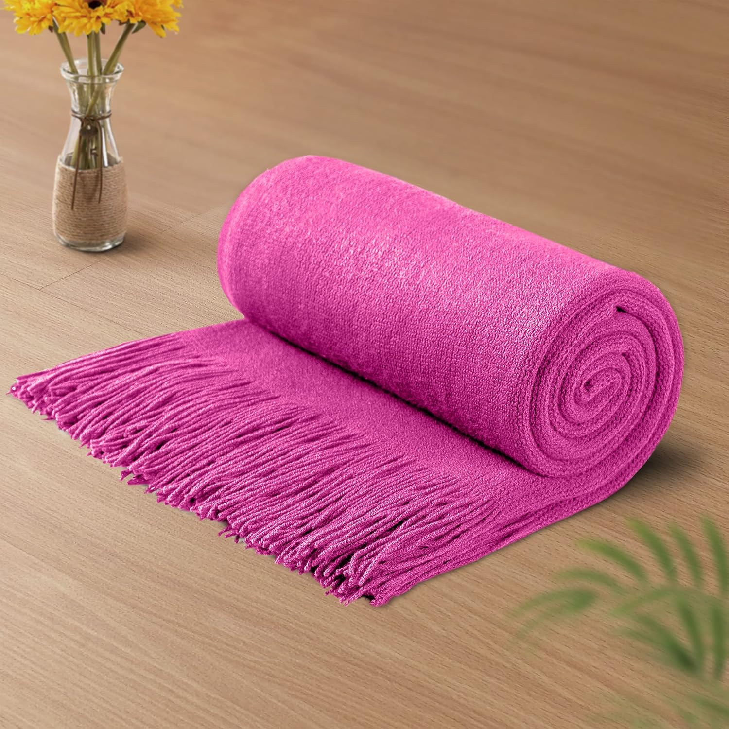 Vonty Manta de punto rosa intenso con borlas y flecos, 60 x 80 pulgadas, manta de punto súper suave, manta ligera decorativa de granja para sofá,