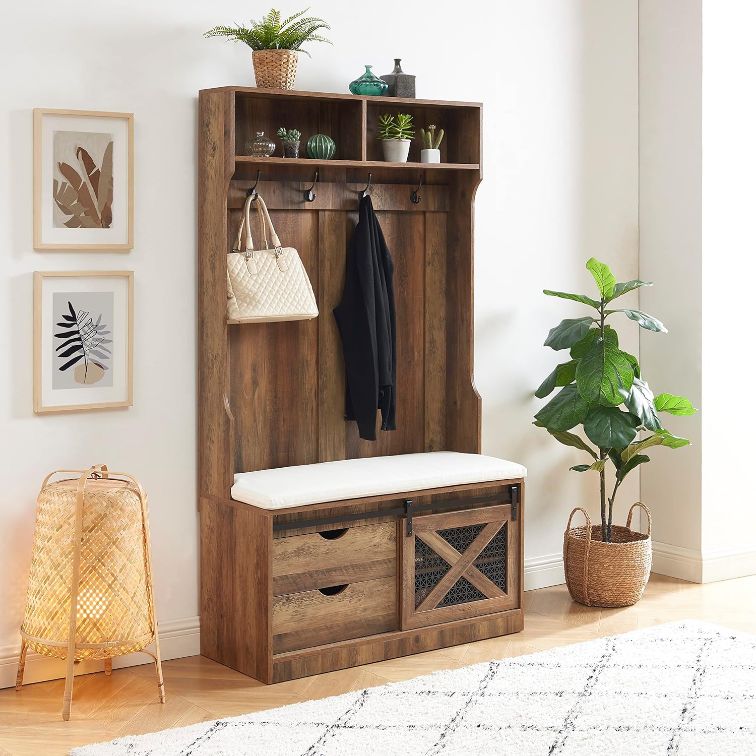 Edwin’s Choice Árbol de entrada de 71 pulgadas de alto con perchero y banco de almacenamiento, árbol de madera con taburete acolchado y ganchos para