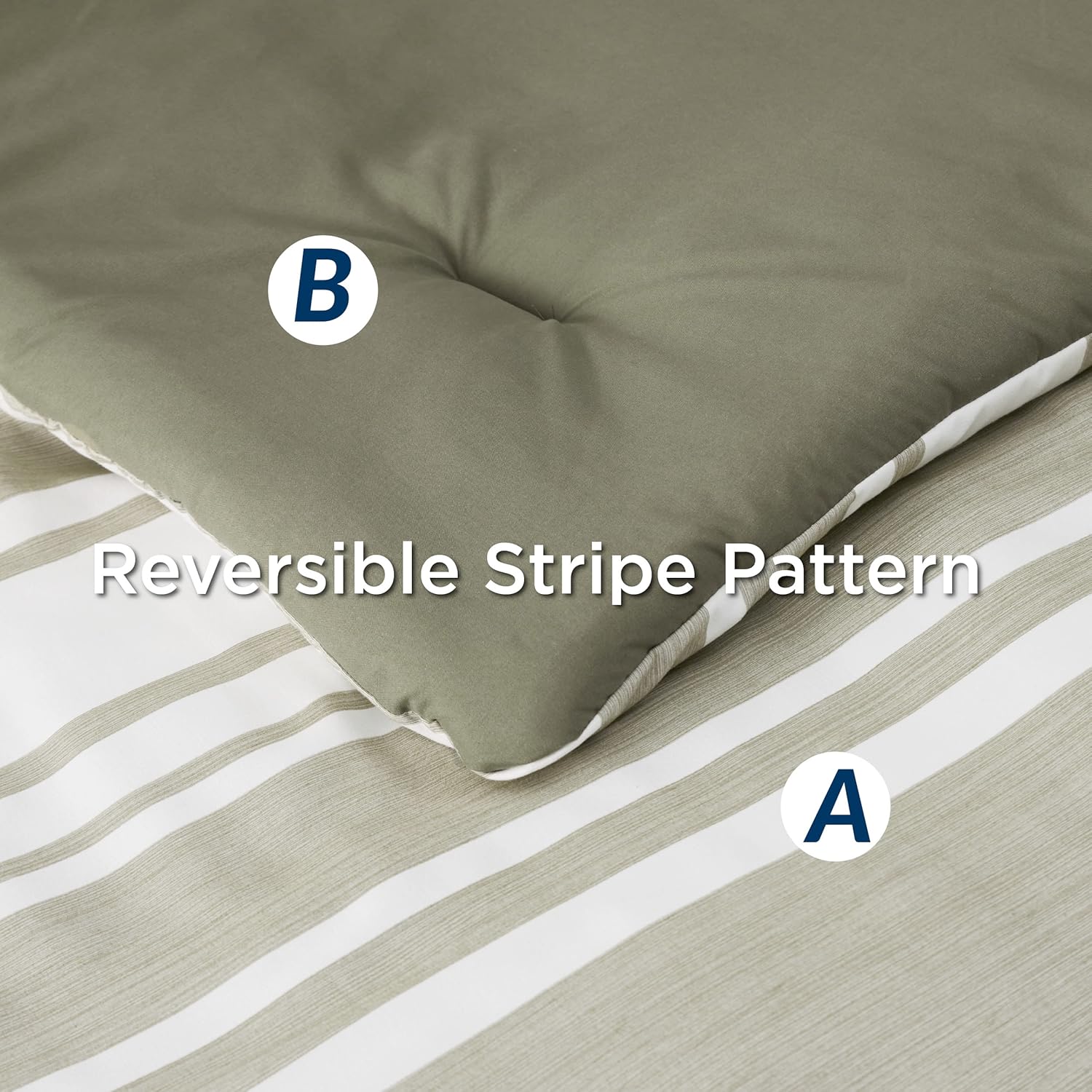Bedsure Bed in a Bag King – Juego de edredón de 7 piezas, color verde oliva y blanco, a rayas, para todas las estaciones, 2 fundas de almohada,
