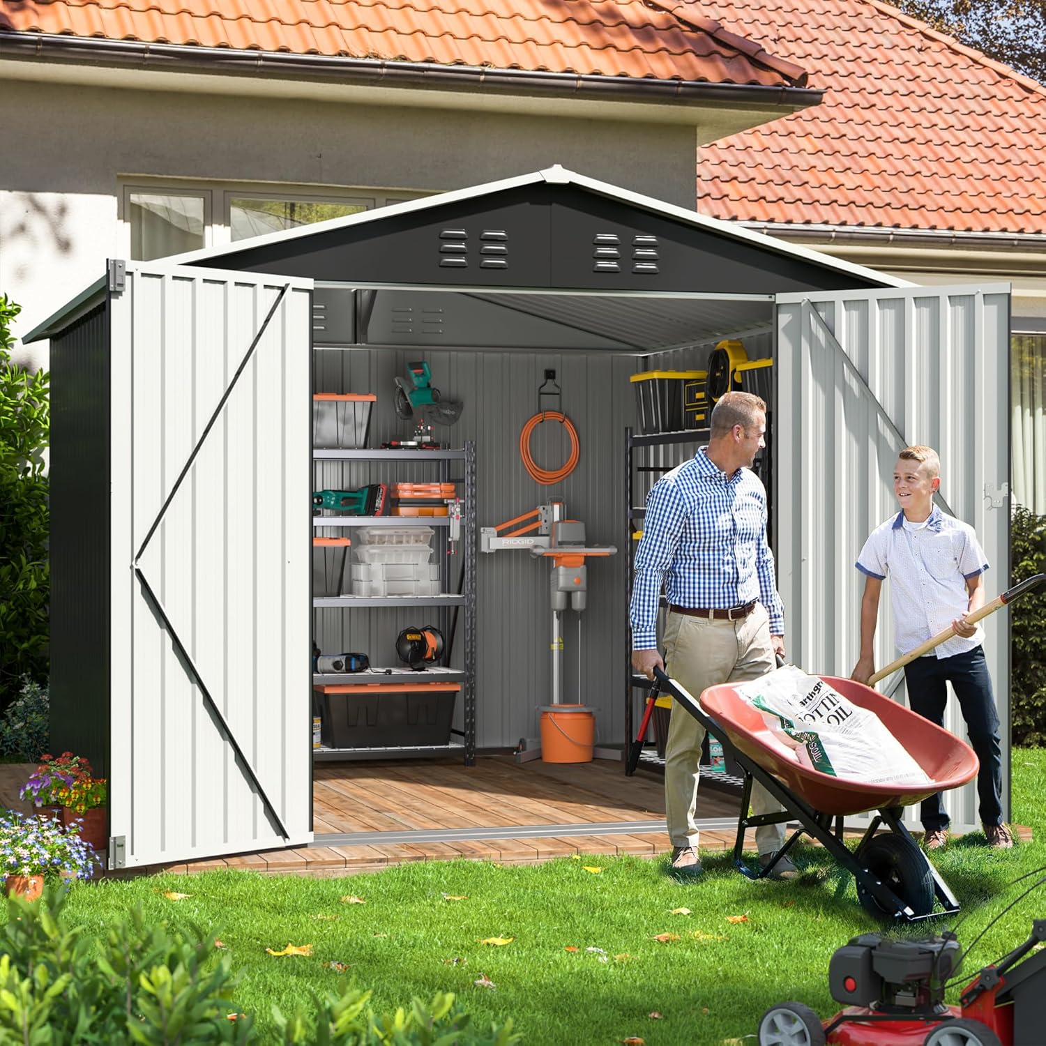 Cobertizo de almacenamiento para exteriores de 5.6 x 8 pies, cobertizo de jardín de metal con estructura de marco actualizada y puertas con