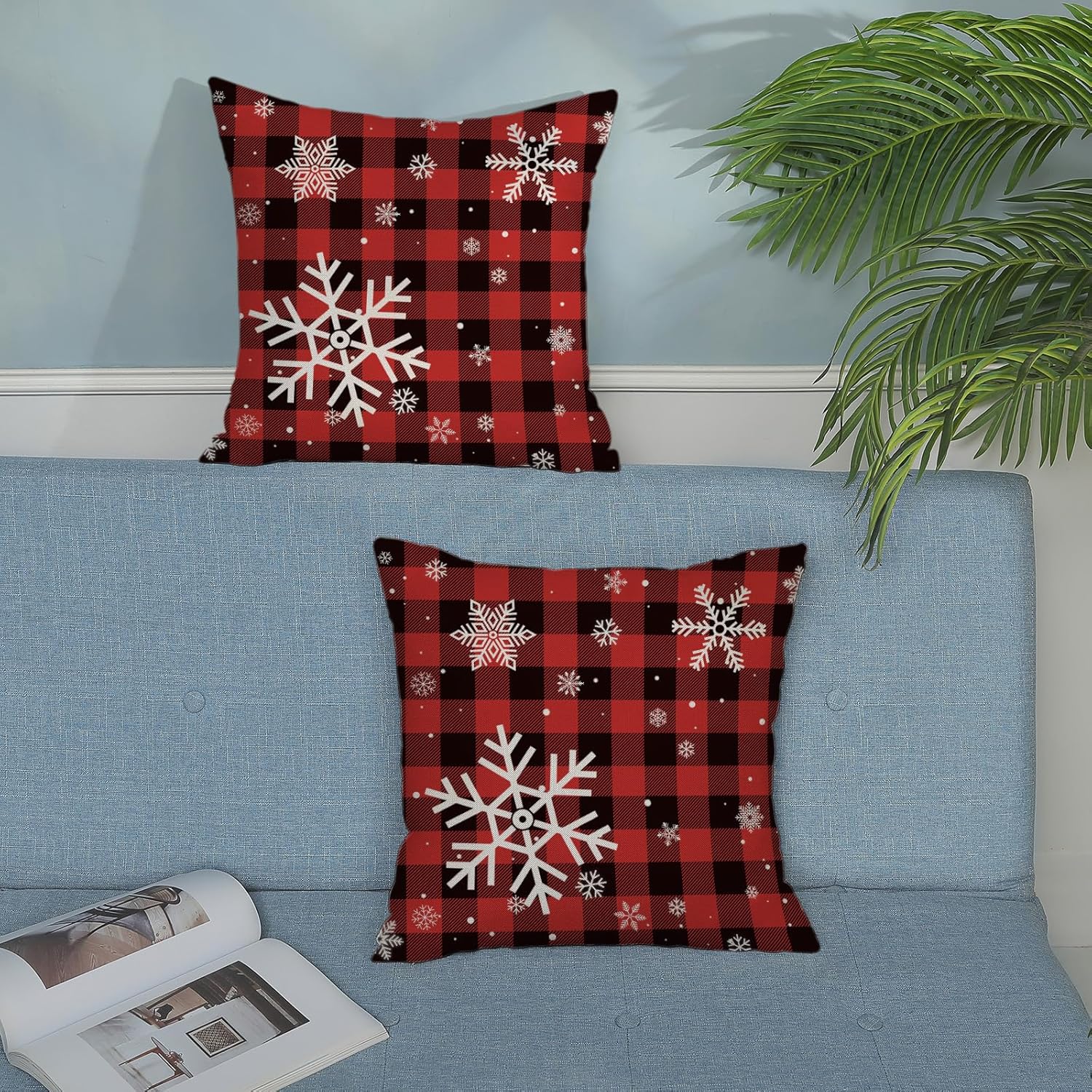 Yxuiyal Fundas de almohada navideñas de 18 x 18 pulgadas, juego de 2 fundas de almohada a cuadros de búfalo negro y rojo para decoración de Navidad,