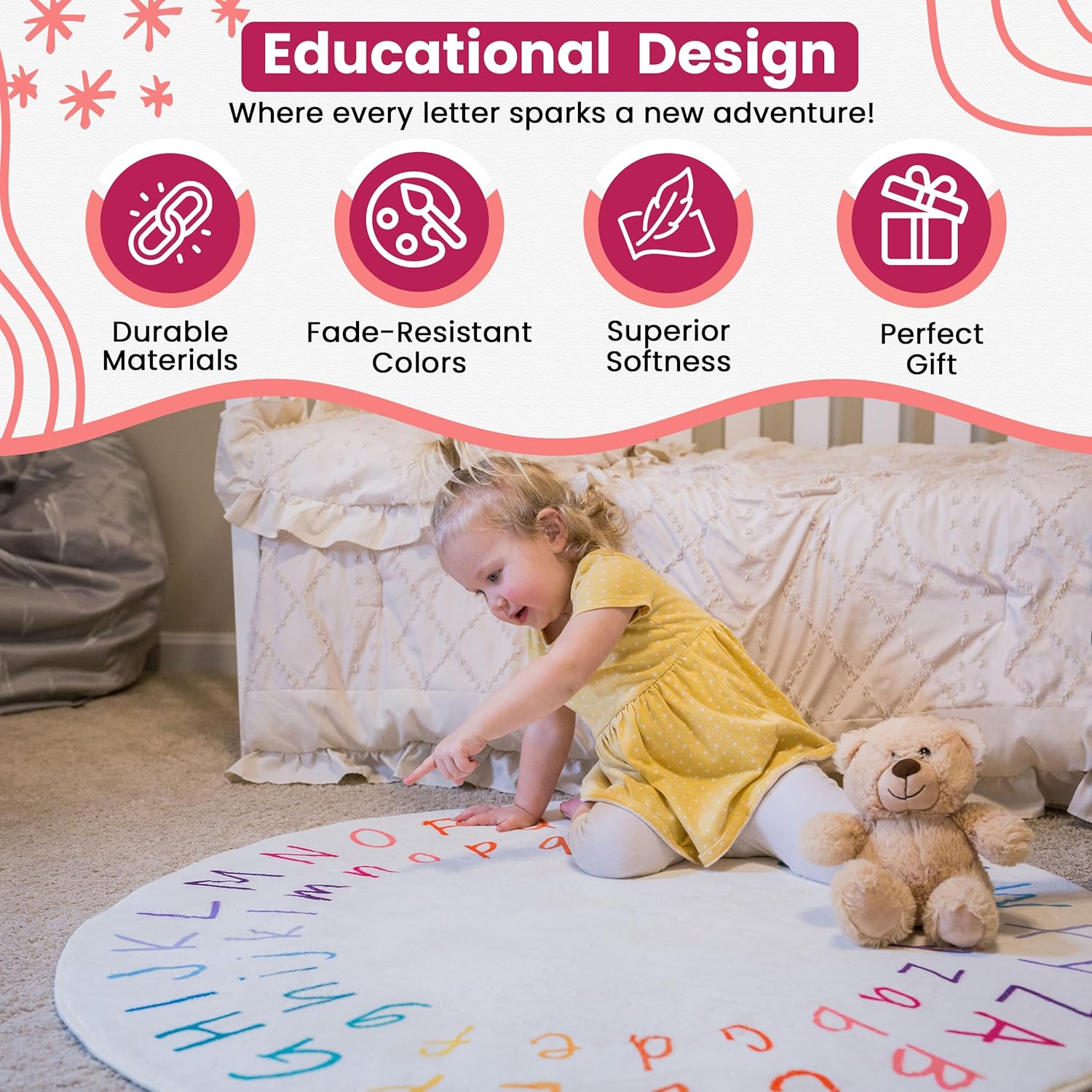 Alfombra ABC para habitación de niños, alfombra redonda del alfabeto de 39 pulgadas con letras mayúsculas y minúsculas, alfombra ABC para el