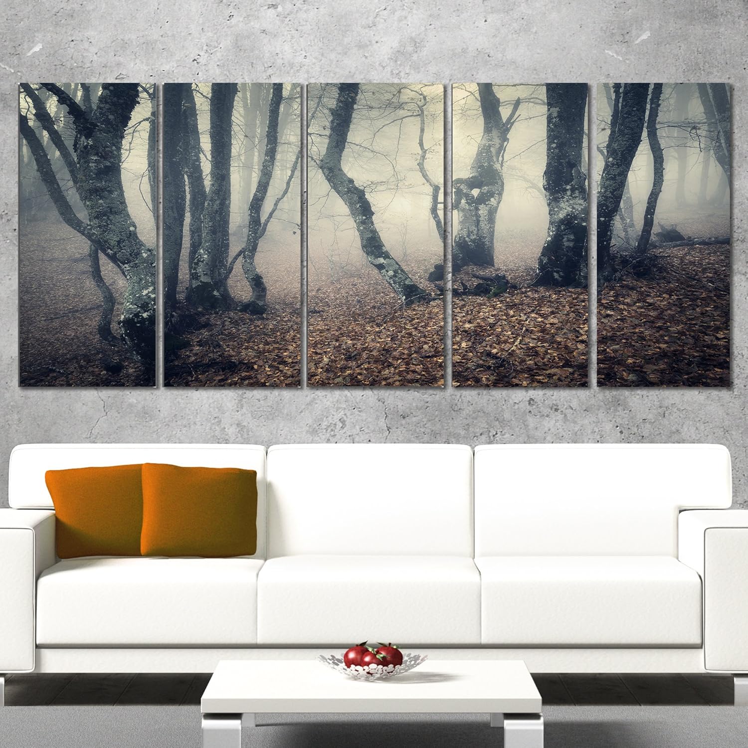 Designart – Lienzo fotográfico de niebla amarilla mística en el bosque de otoño, paisaje, 60 x 28 pulgadas, 5 piezas, 60 x 28 pulgadas, 5 paneles