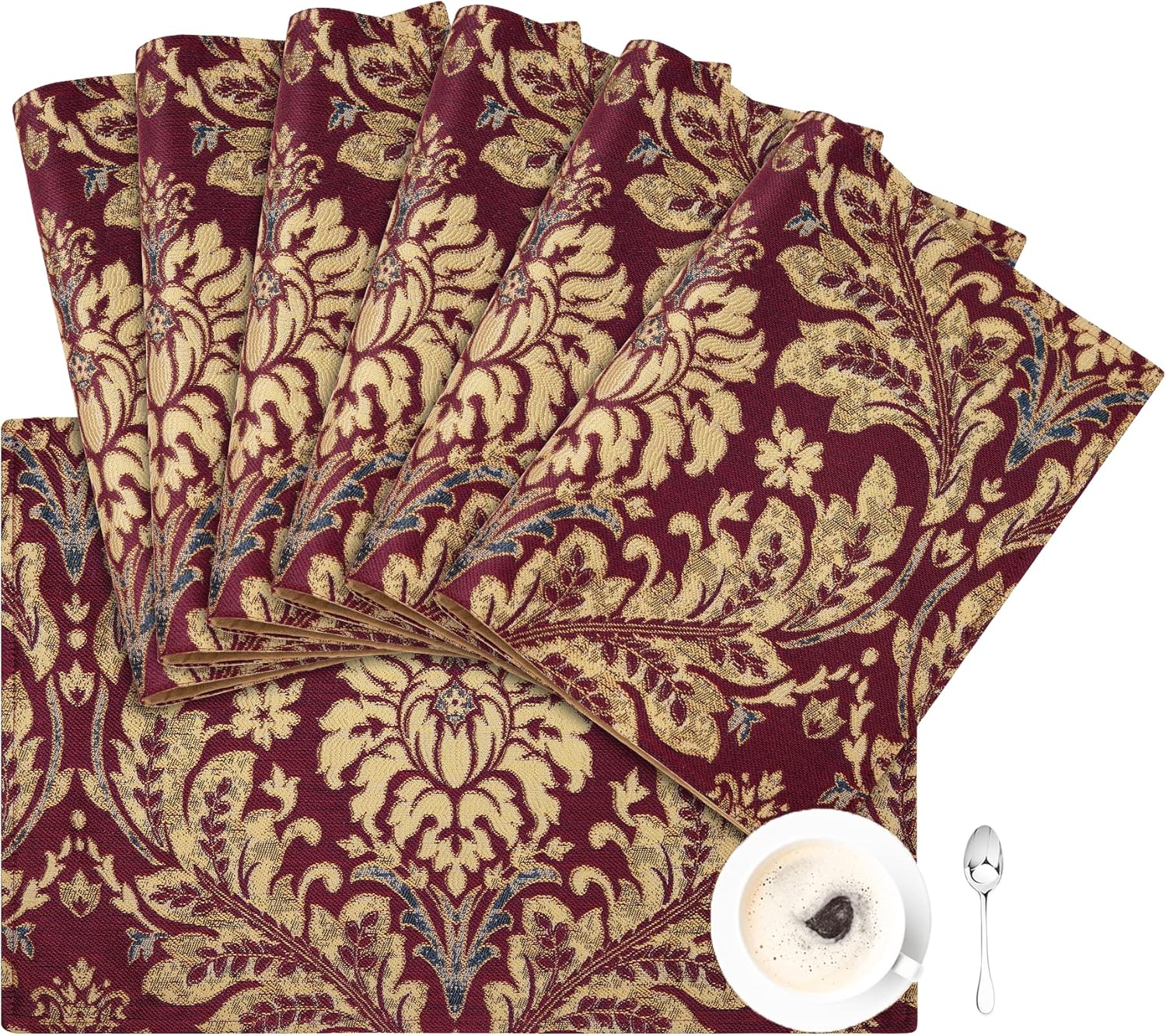 Loom and Mill Juego de 6 manteles individuales de jacquard de lujo, damasco rojo burdeos, antideslizantes, para decoración de Navidad, vacaciones,