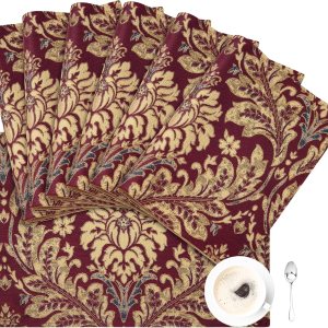 Loom and Mill Juego de 6 manteles individuales de jacquard de lujo, damasco rojo burdeos, antideslizantes, para decoración de Navidad, vacaciones, Loom and Mill Juego de 6 manteles individuales de jacquard de lujo, damasco rojo burdeos, antideslizantes, para decoración de Navidad, vacaciones,