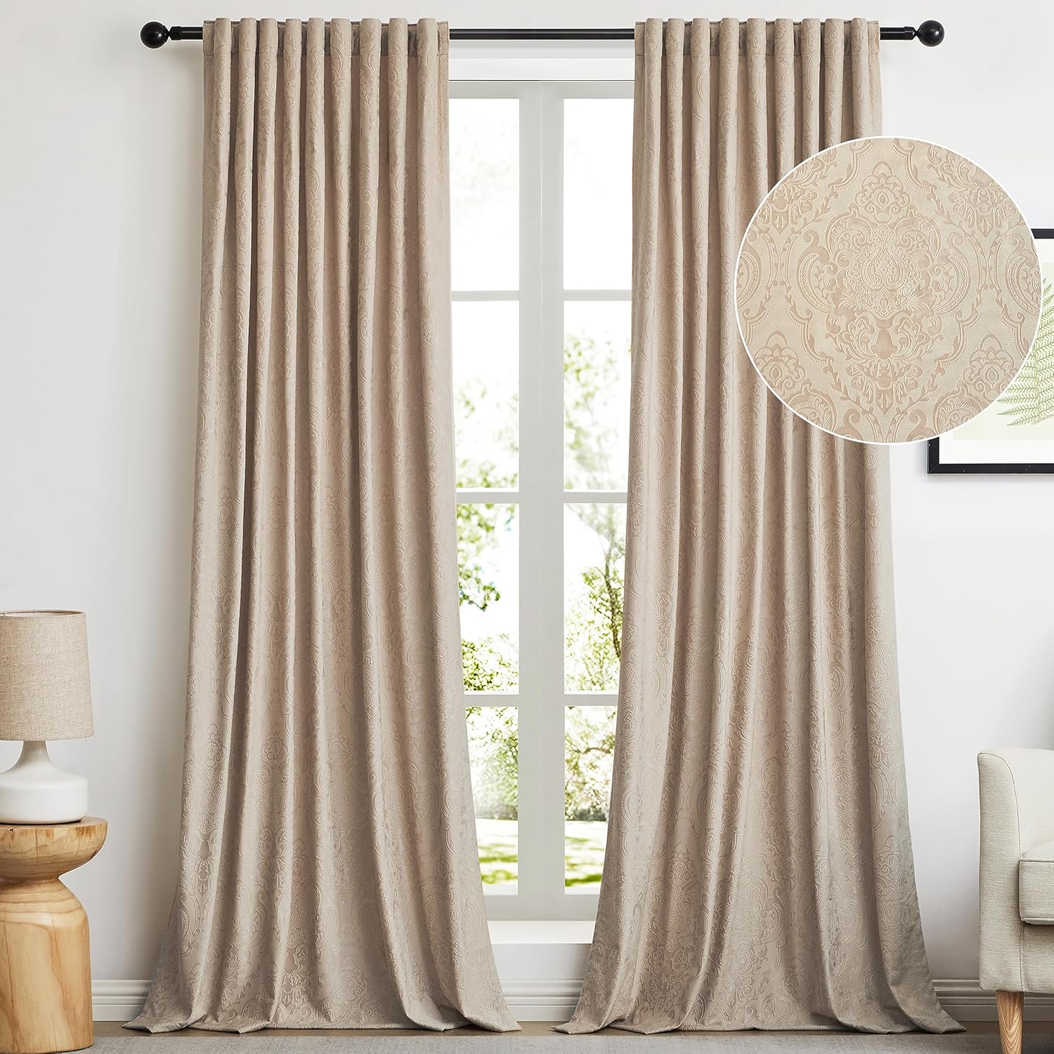 GIGIZAZA Cortinas de terciopelo beige de 84 pulgadas de largo para sala de estar, 2 paneles de cortinas bohemias de lujo con estampado de flores en