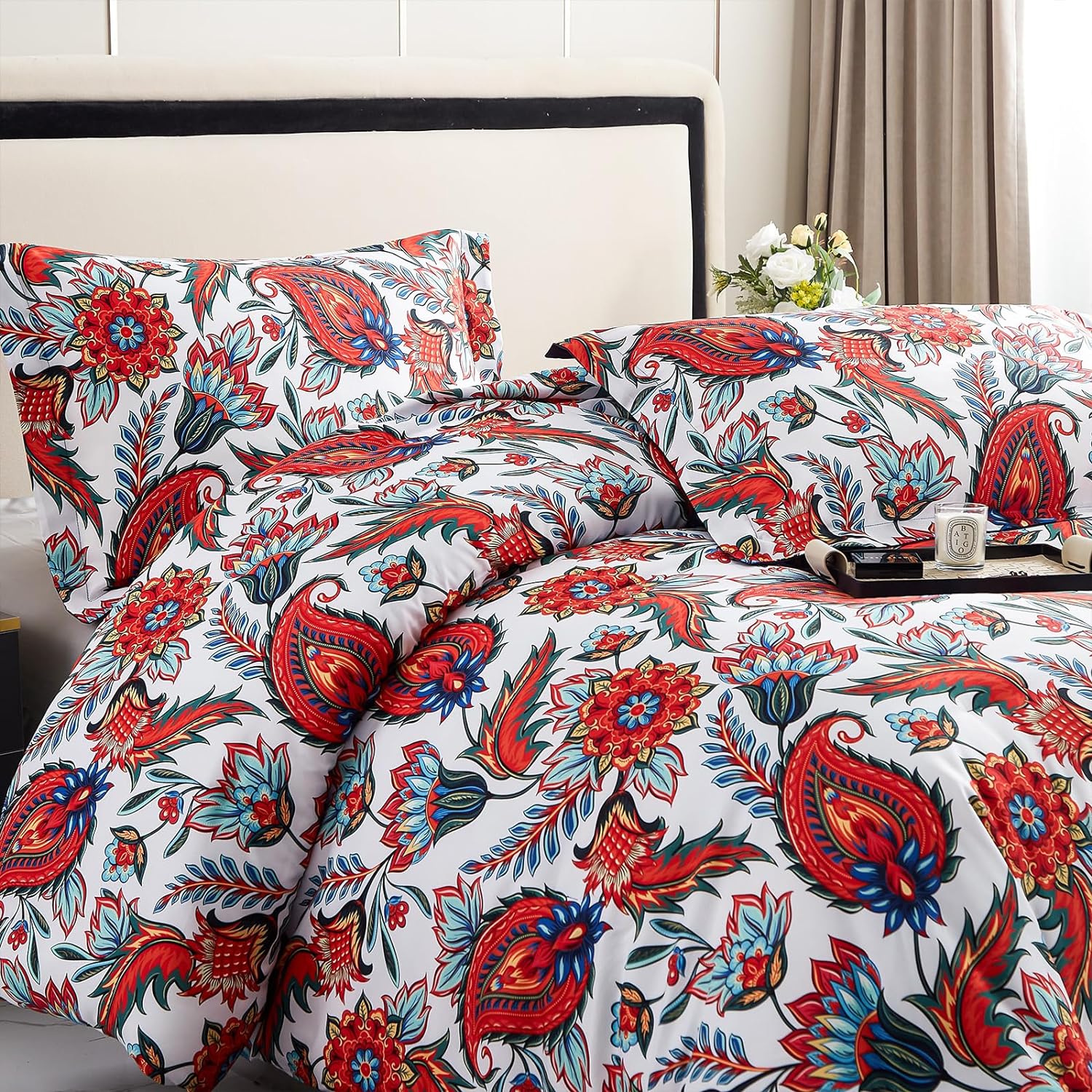 Ikawaapurry Juego de edredón floral tamaño Queen para cama Queen, juego de ropa de cama bohemio de granja, esponjoso, ligero, flores, plantas, para