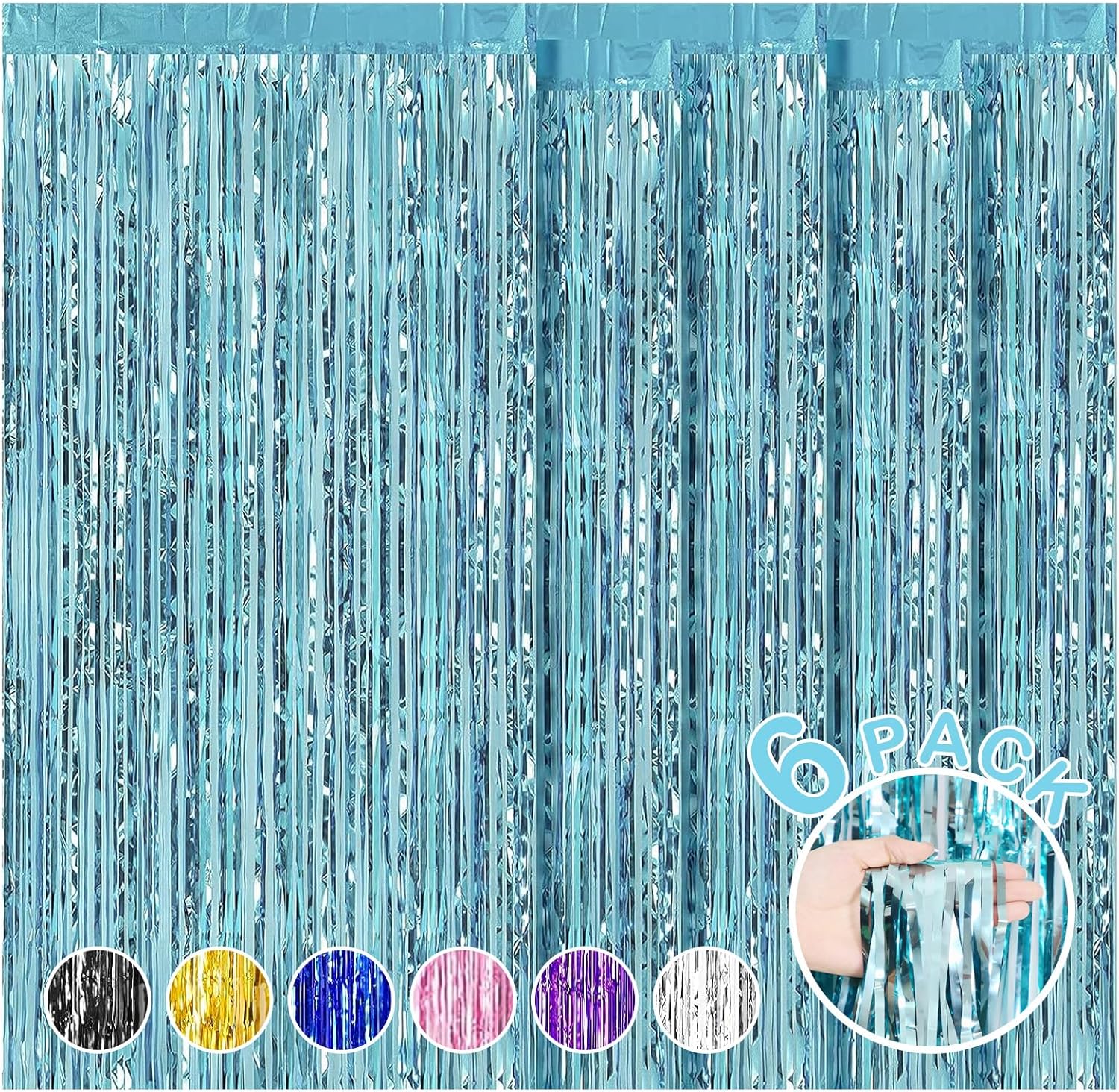 Paquete de 6 cortinas de fondo de flecos de papel de aluminio, 3.28 x 8.2 pies, serpentinas de oropel azul claro, cortinas de flecos metálicos de