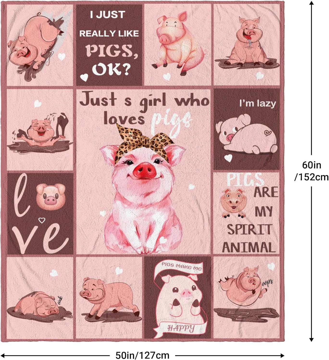 Manta de franela de cerdo lindo para niñas y niños, manta de forro polar con texto en inglés “I Just Really Like Pigs”, súper suave y mullida, con