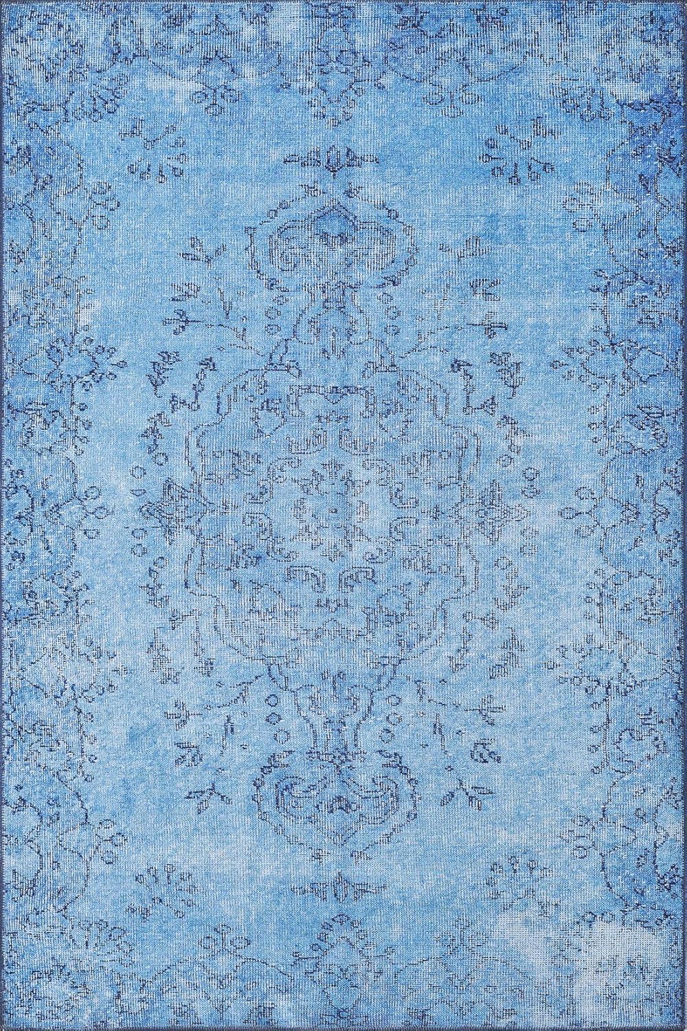 Woolknot ENC1092 – Alfombra vintage azul para sala de estar, alfombra floral, turquesa, pequeña, lavable, bohemio, alfombra estampada envejecida con