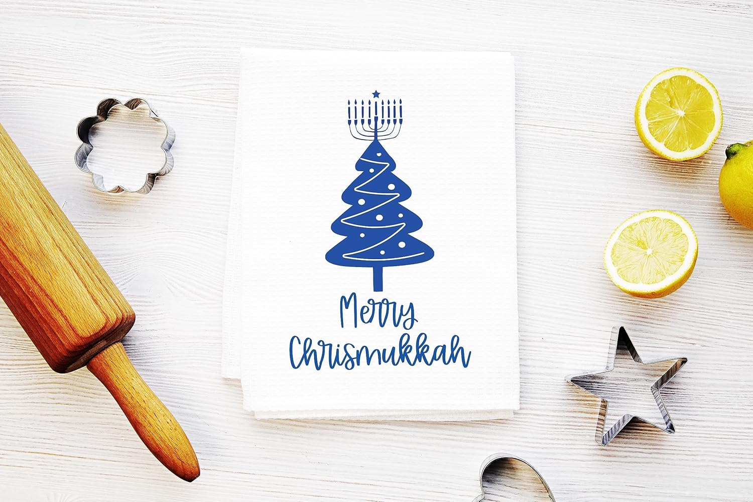 Funny Blended Holiday Christmas and Hanukkah Kitchen Towel, Christmas Tree and Menorah Jewish Dish Towel, Gift for Hostess, Housewarming