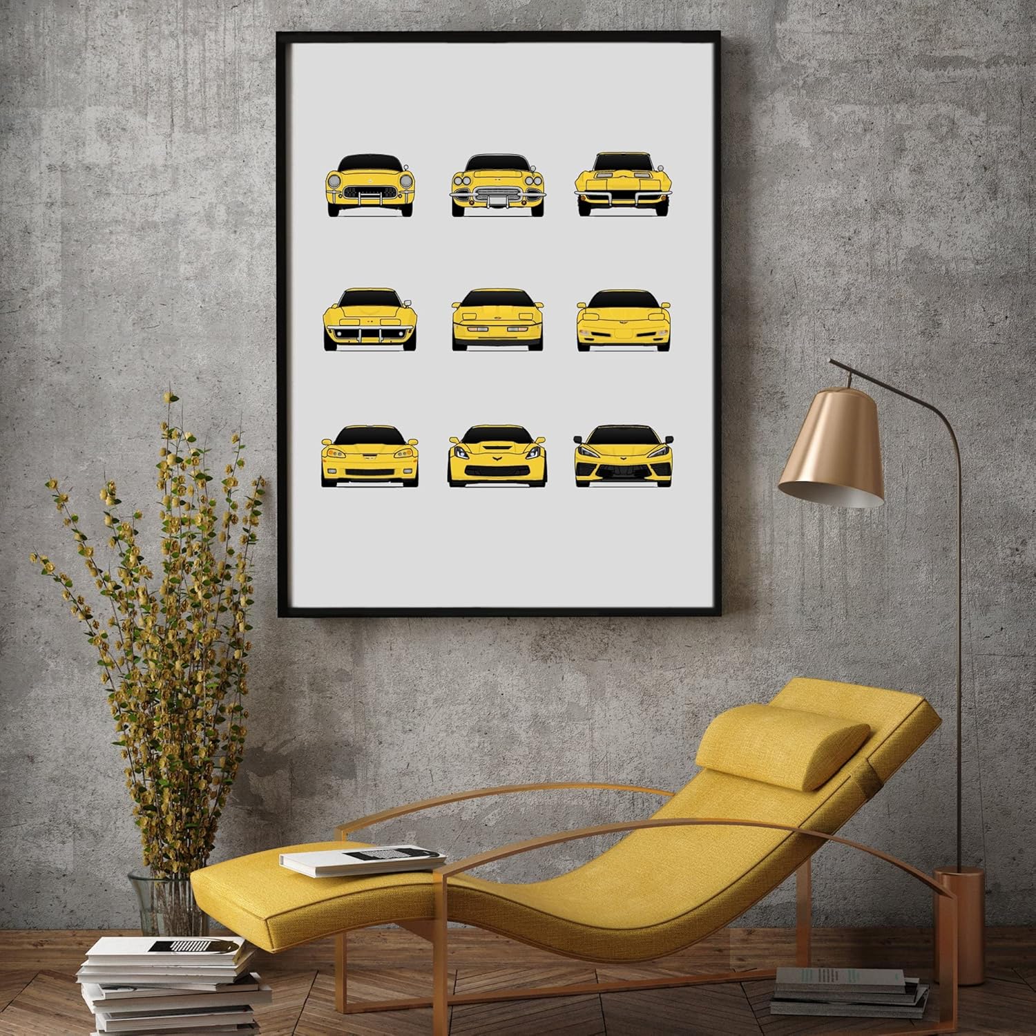 Chevy Corvette Generations Inspired Car Poster – Handmade Print of C1 C2 C3 C4 C5 C6 C7 C8 – Yellow, 11×14″ Satin Print (Unframed) – Perfect Gift