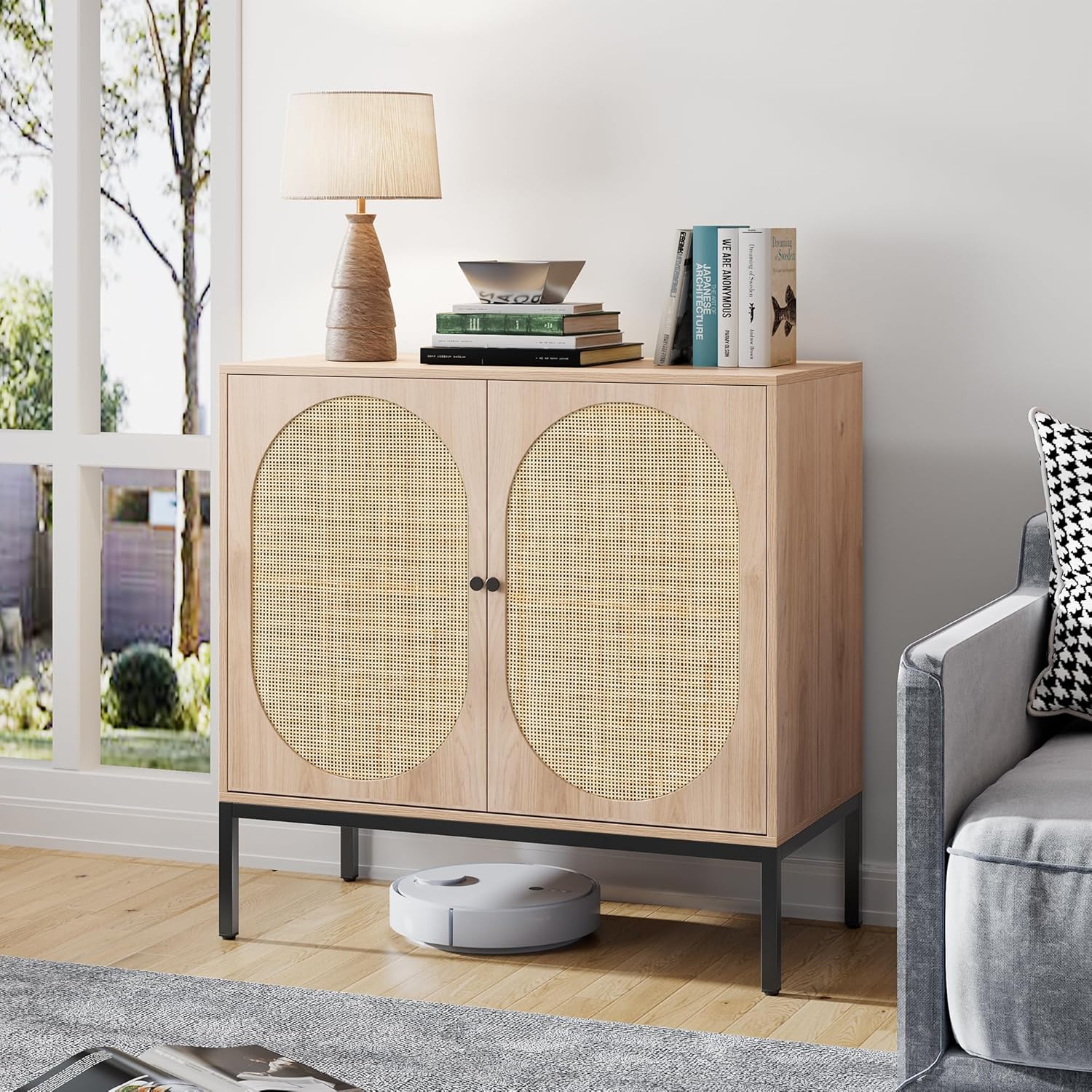 Brafab Aparador Buffet Gabinete con Almacenamiento, Armario Aparador con Puertas Decoradas de Ratán Natural, Gabinete de Ratán, Gabinete de Acento,