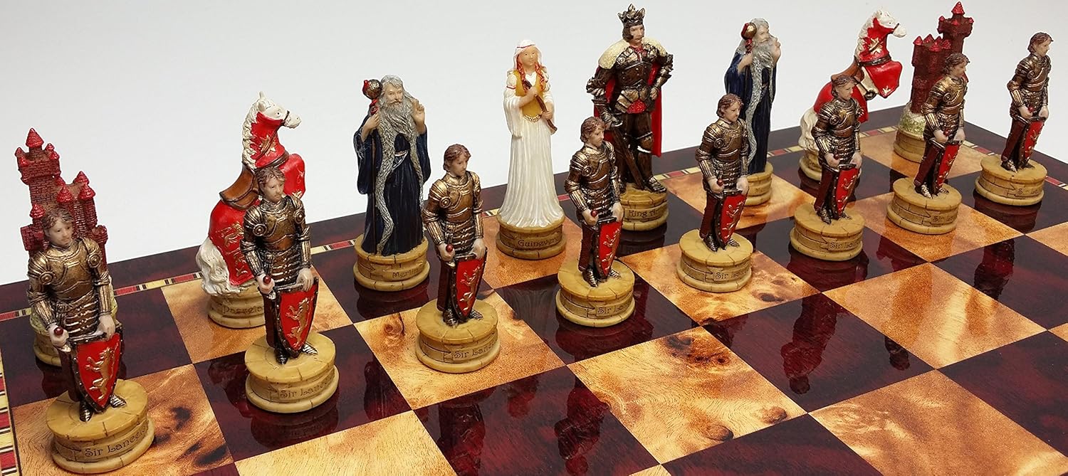 Medieval Times King ArthurSir Lancelot Camelot Knights – Juego de ajedrez con tablero de color cereza brillante de 18 pulgadas y madera de Burlwood