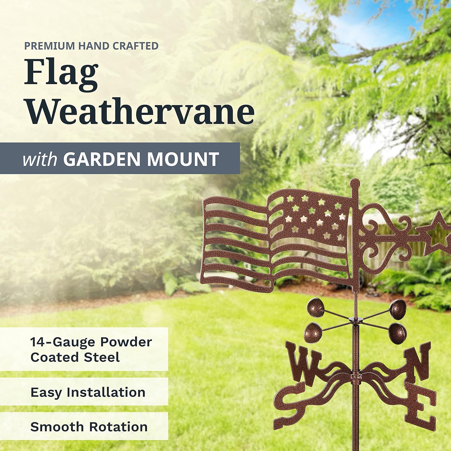 EZ Vane – Veleta de acero con bandera de Estados Unidos de 80 pulgadas de altura, incluye soporte de metal para jardín, vasos de viento y soportes,