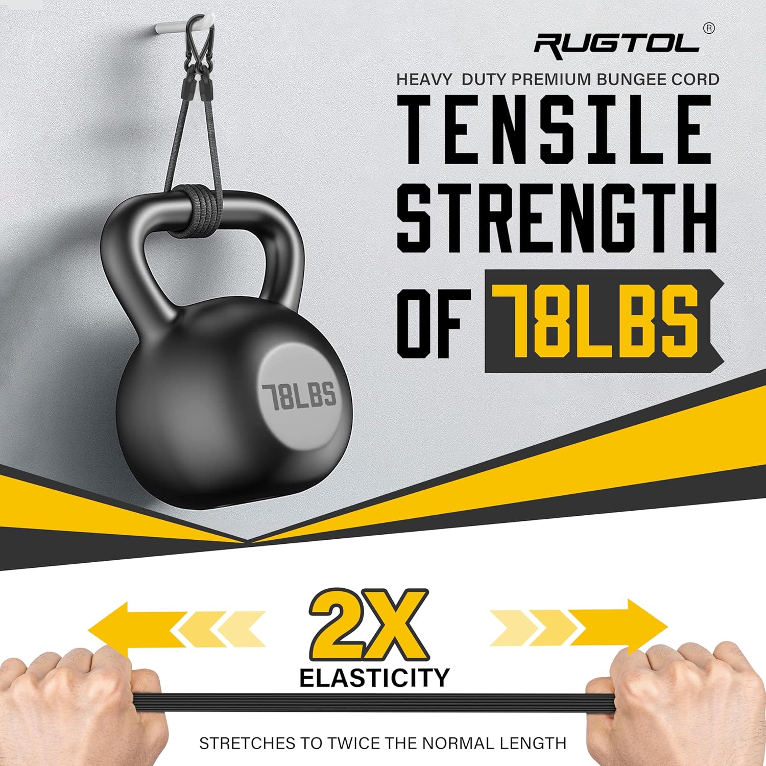 Cuerdas elásticas con ganchos, cuerdas elásticas resistentes de 18 pulgadas de largo con mosquetón al aire libre, cuerda elástica extra fuerte negra
