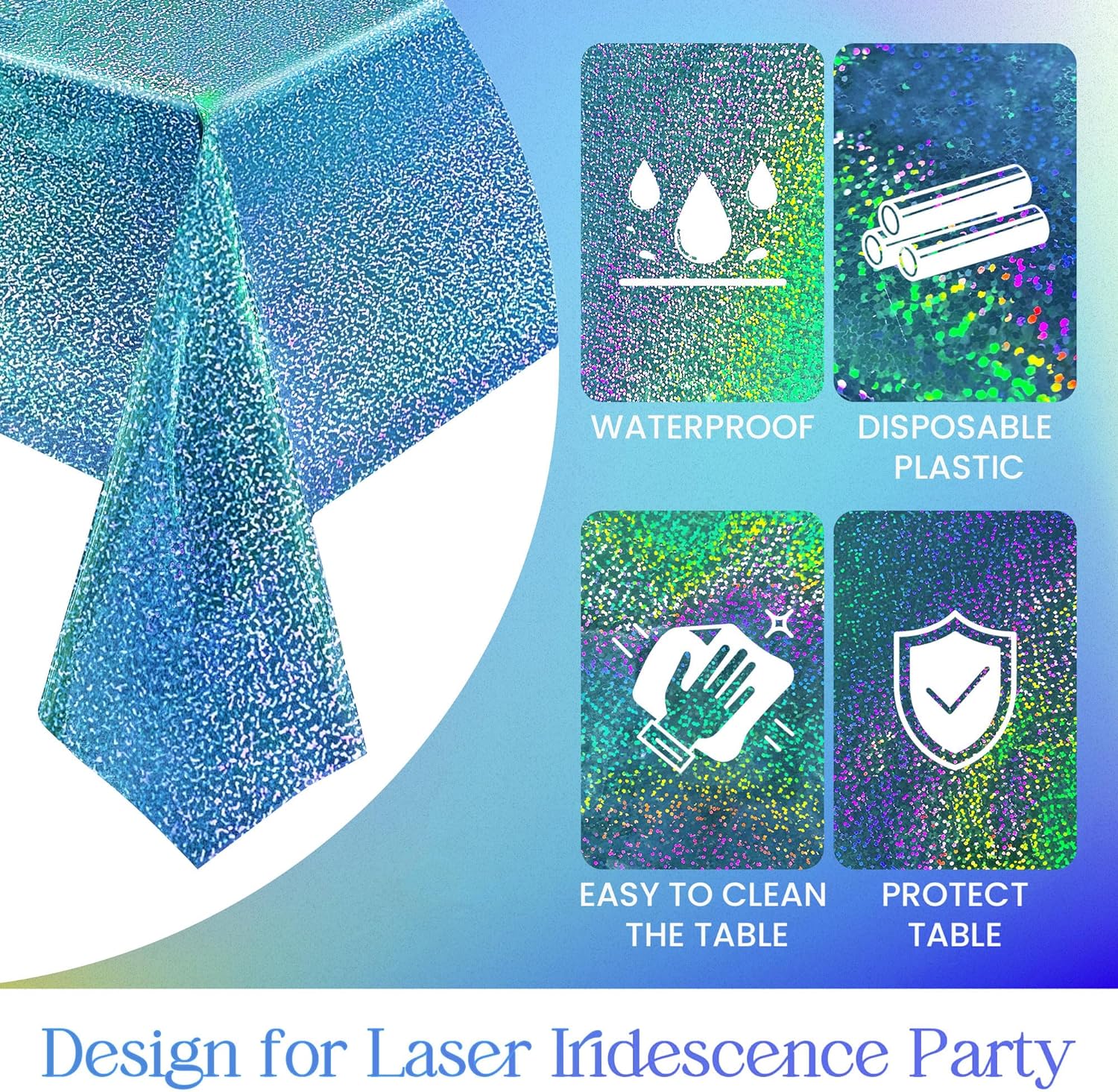 3 manteles láser holográficos azules de 40 x 108 pulgadas, manteles de plástico para fiestas, decoración de fiesta brillante para sirena, invierno,
