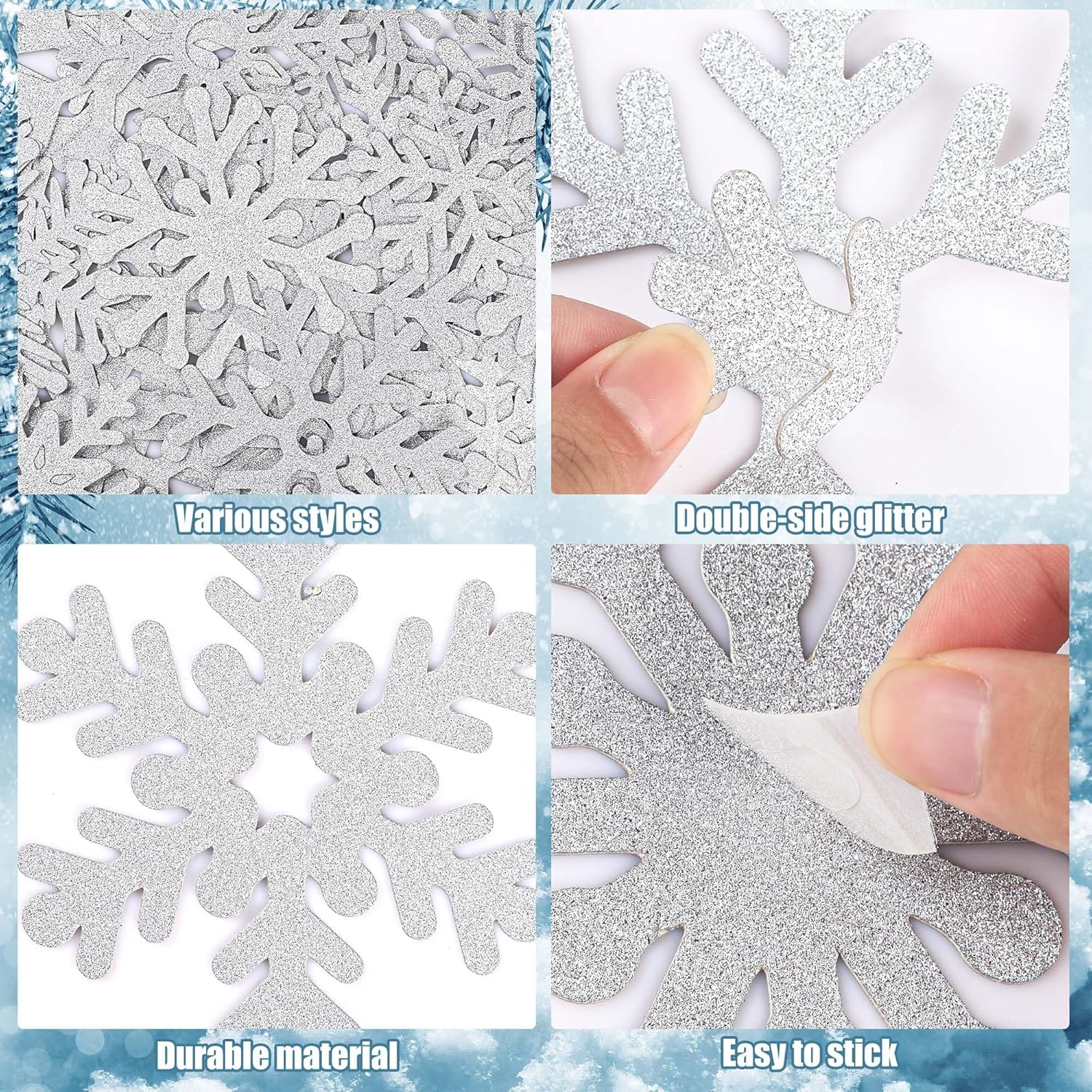 72 piezas de recortes de copo de nieve de invierno con purpurina de papel de copo de nieve para decoración de tablón de anuncios, decoración de