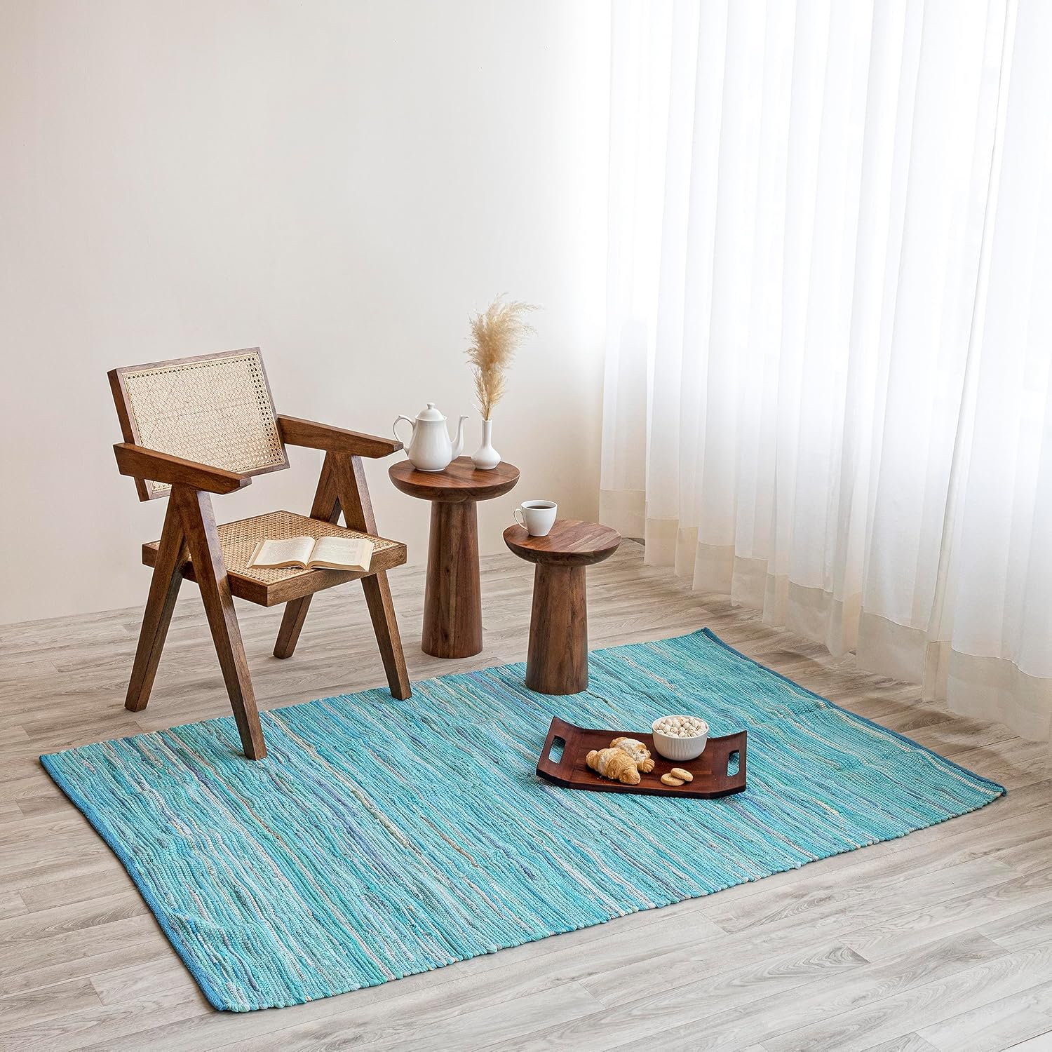 HOMEMONDE Home Collection Alfombra de trapo, tejida a mano, color verde azulado, 4 x 6 pies, alfombra Chindi de algodón reciclado para sala de