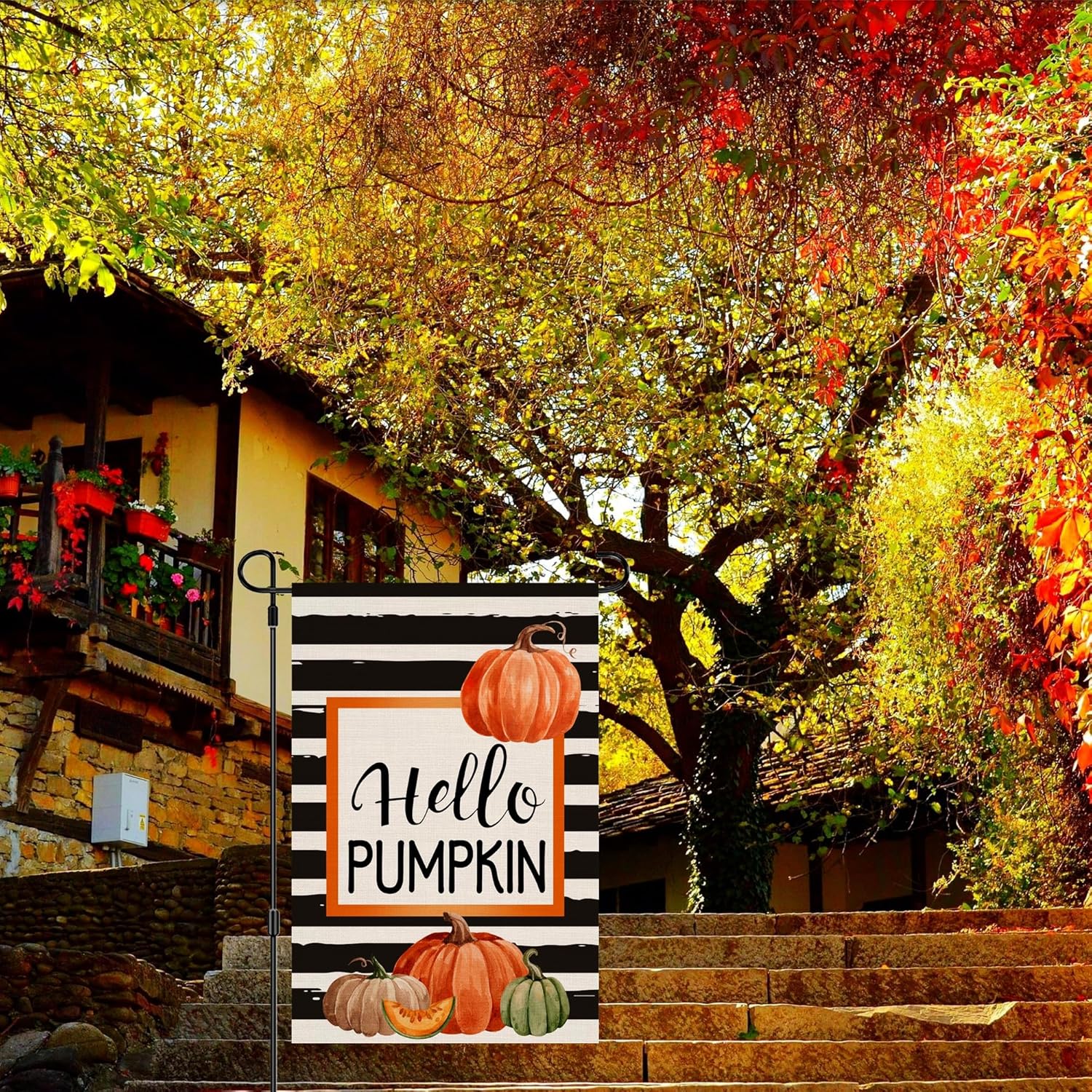 Bandera de jardín de otoño de 12 x 18 pulgadas, bandera de arpillera de doble cara de Hello Pumpkin para jardín, 12 x 18 pulgadas, para el día de