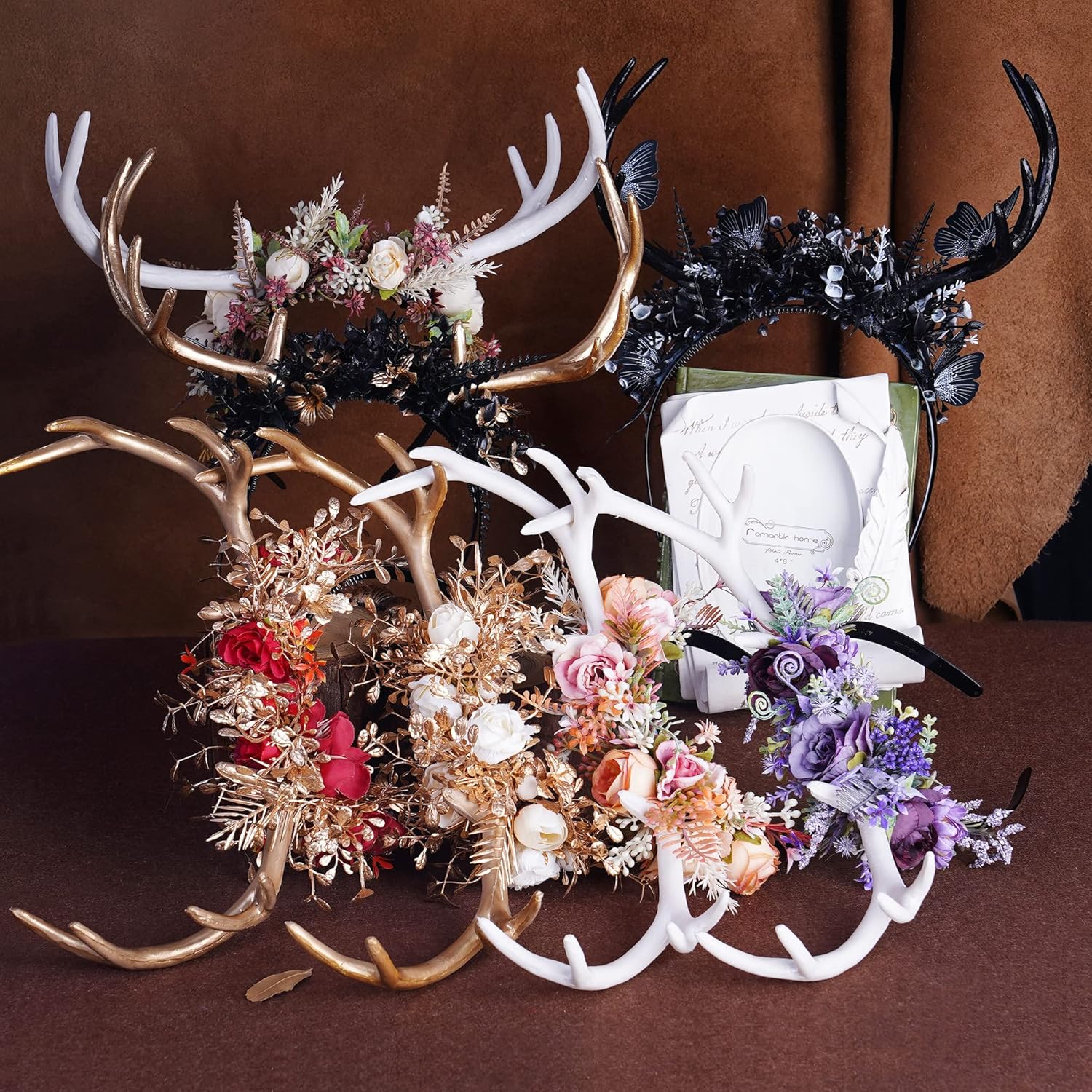 MOSTORY Diadema hecha a mano con cuernos de ciervo de hada, diadema de reno bohemio con flores, cornamenta de bosque, accesorio para el cabello para