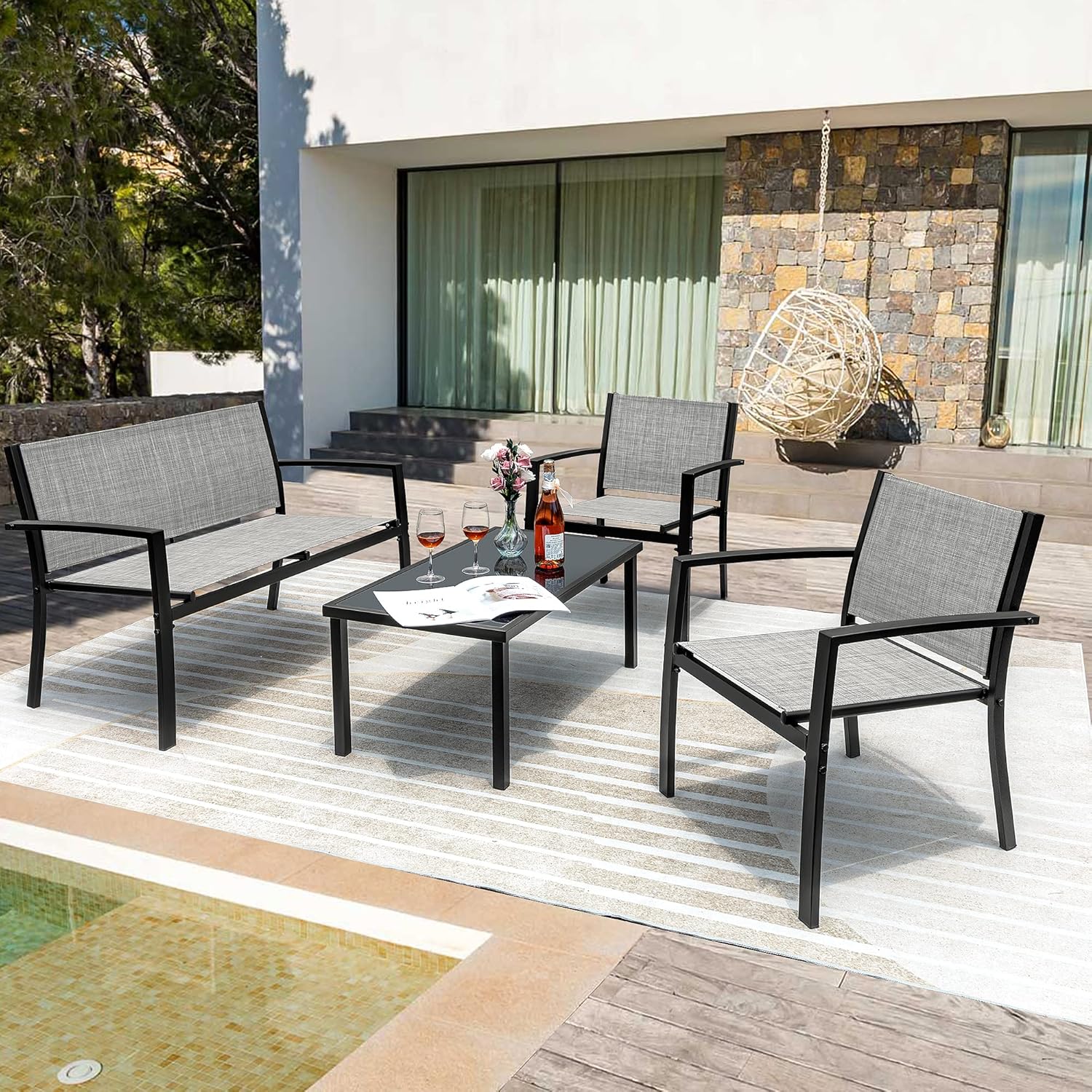 Flamaker Juego de 4 muebles de patio para exteriores, muebles de patio al aire libre, juego de bistró de textileno, juego de conversación moderno,