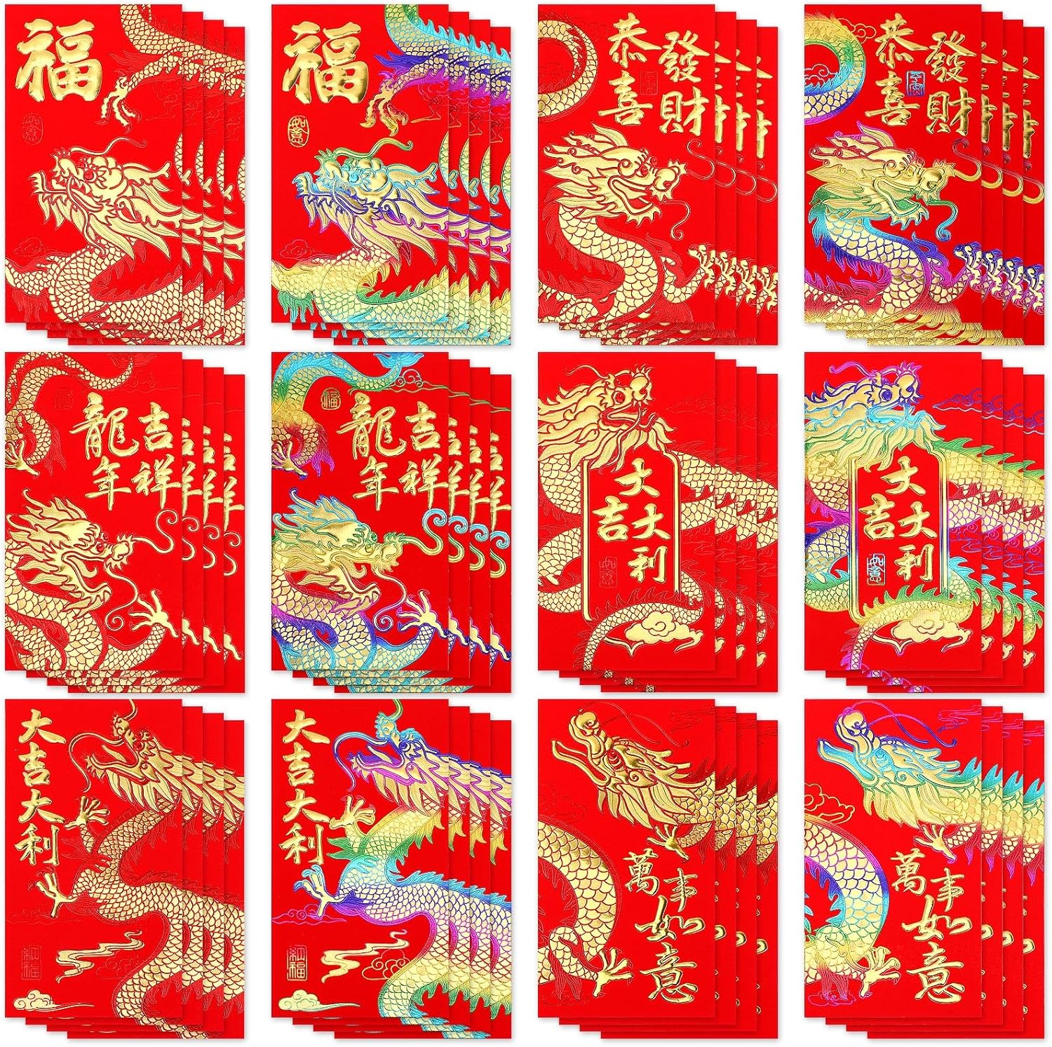 UPINS Sobres rojos de año nuevo chino 2024, 48 sobres rojos de dinero de la suerte Hong Bao con estampado de dragón lunar en relieve para decoración
