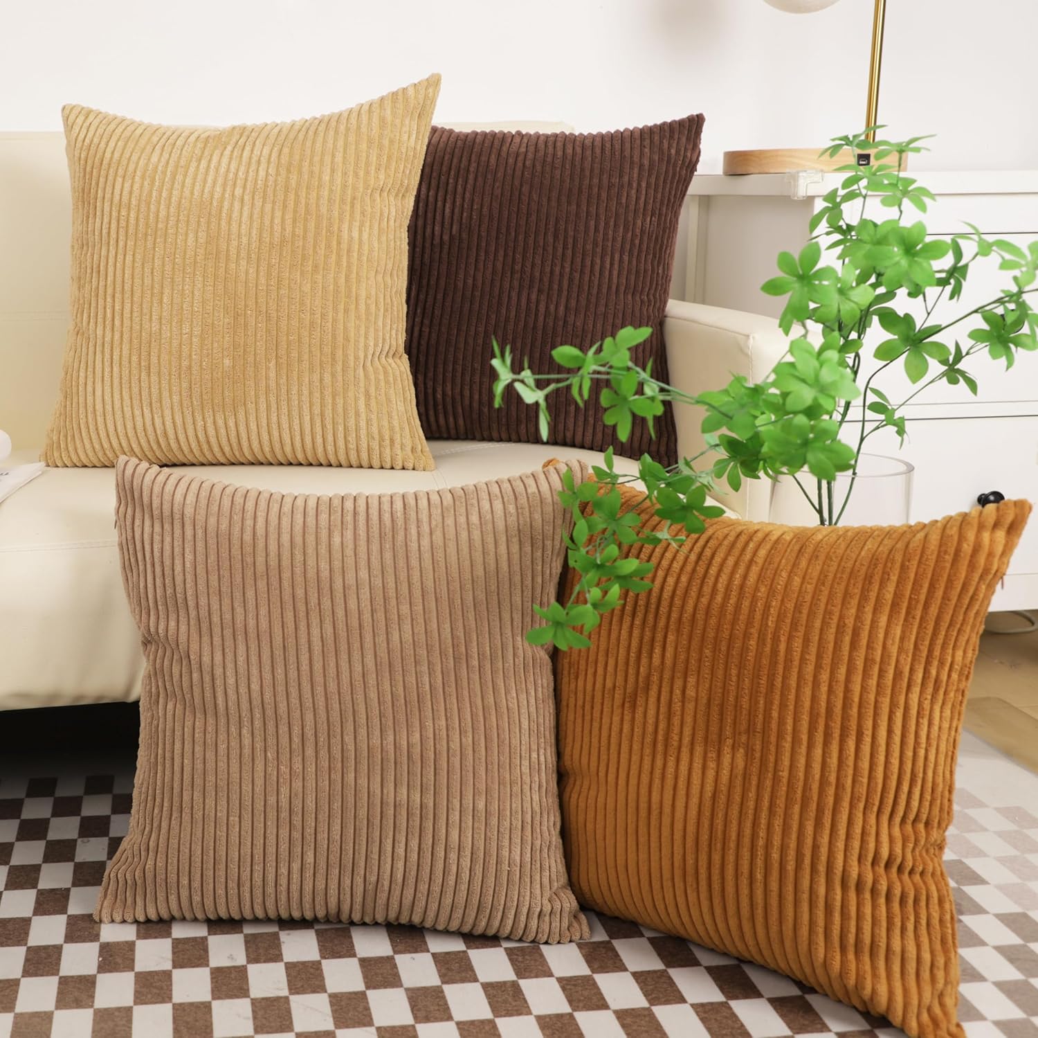 MEKAJUS Juego de 4 fundas de almohada decorativas de pana a rayas suaves, fundas de cojín cuadradas sólidas para decoración del hogar, sala de