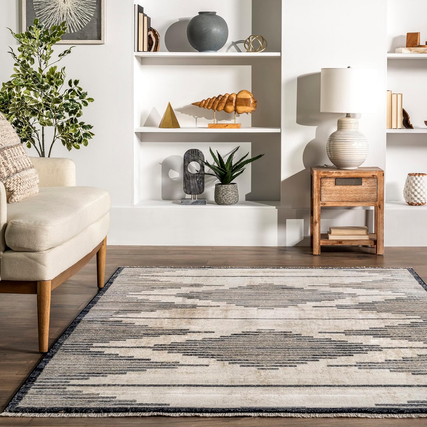nuLOOM Delfina – Alfombra marroquí a rayas con flecos, 5 x 8, beige