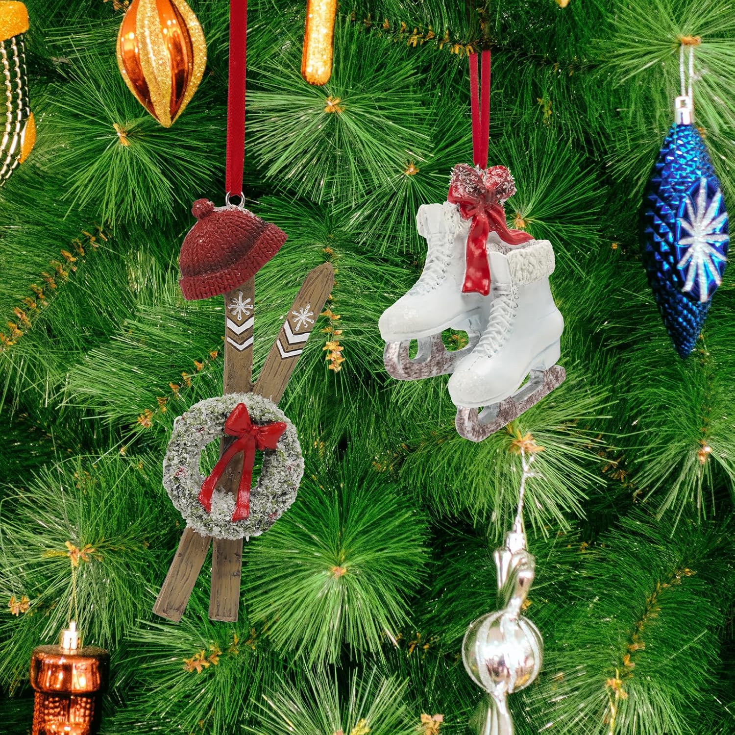 Adornos para árbol de Navidad, zapatos de patinaje  Juego de 2 bonitos adornos de Navidad, adornos de esquís y patines para árboles de Navidad,