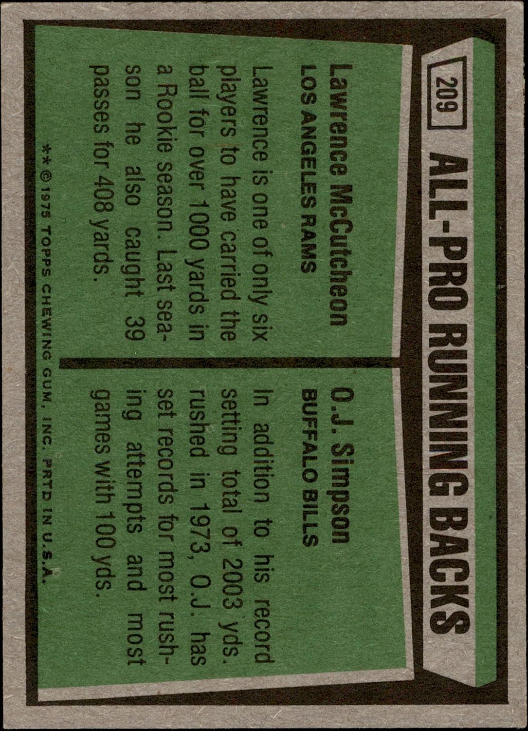 1975 Topps # 209 All-Pro Running Backs O.J. SimpsonLawrence McCutcheon BillsRams (Football Card) NM BillsRams Colorado StUSCCity College of San