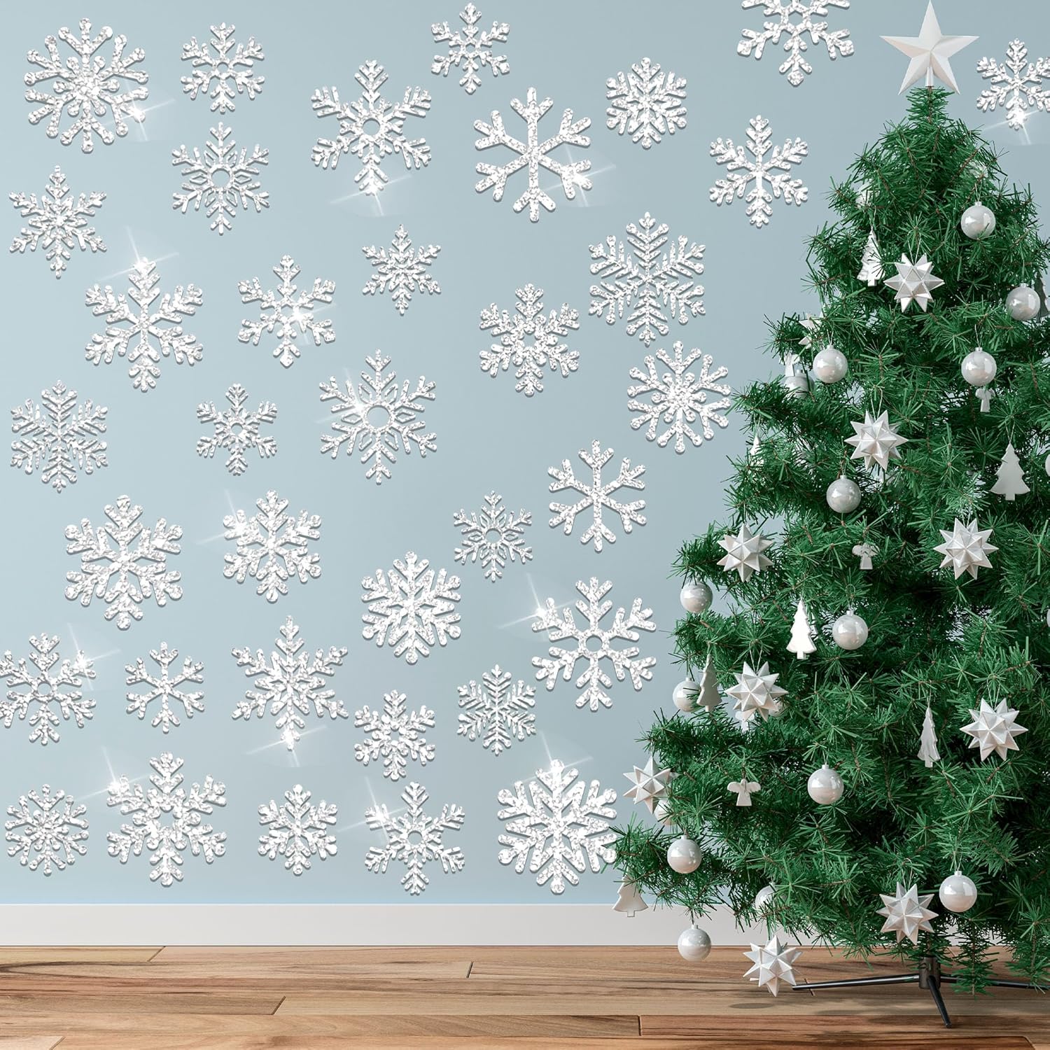 72 piezas de recortes de copo de nieve de invierno con purpurina de papel de copo de nieve para decoración de tablón de anuncios, decoración de