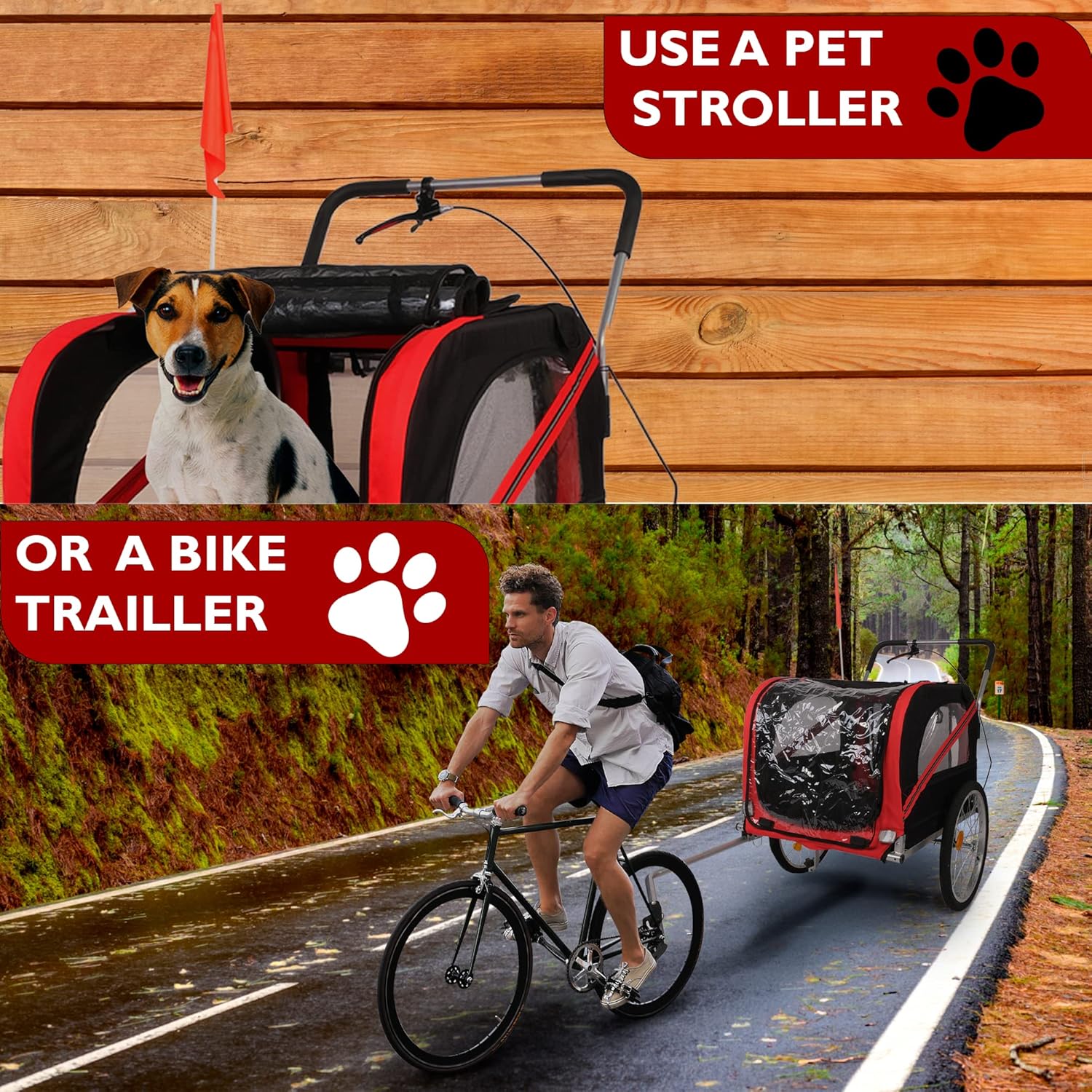 Carrito de remolque de bicicleta para perros, 2 en 1, para mascotas, para viajes, con reflectores, freno de estacionamiento, acoplador universal de